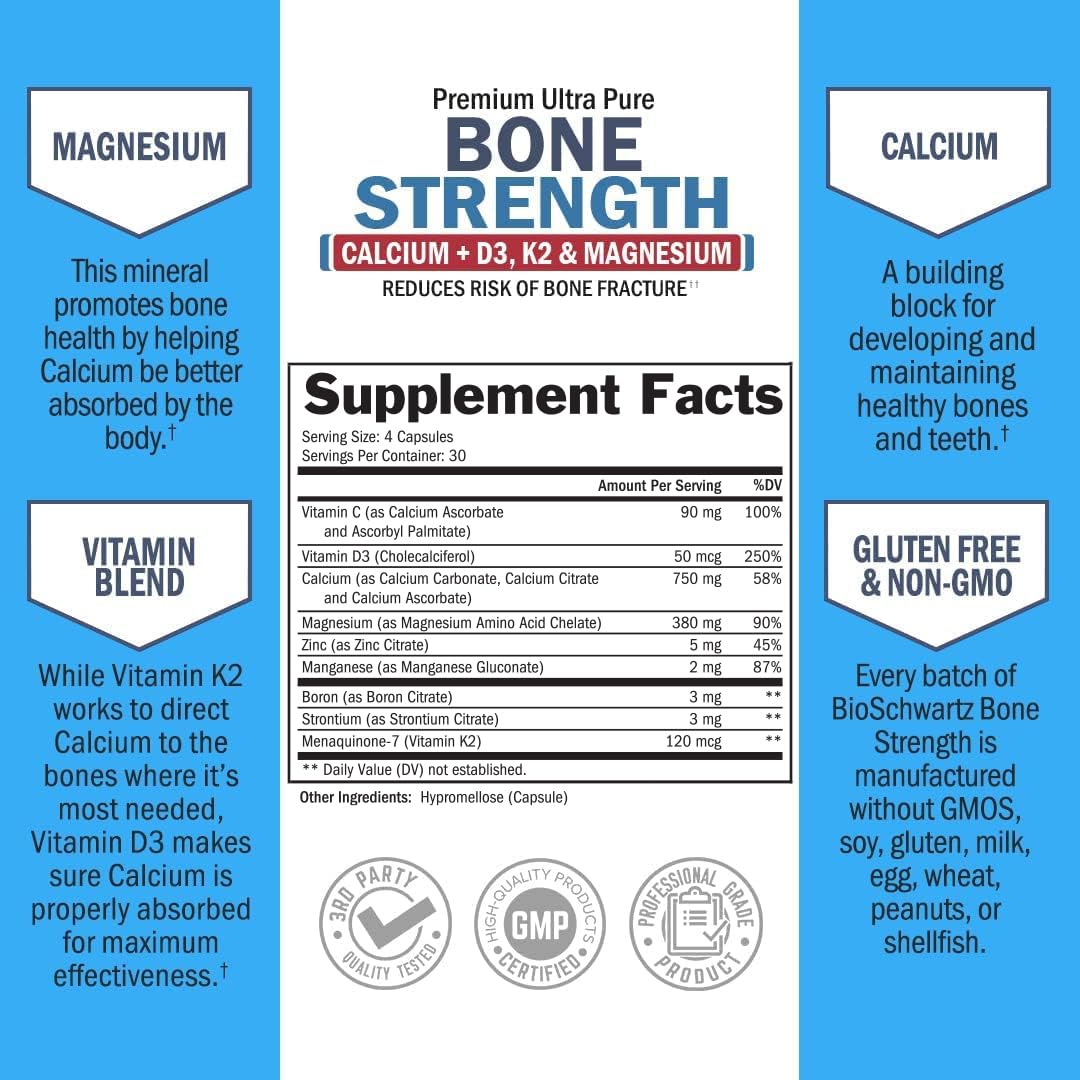Bone Strength Supplement with Calcium + D3, K2 & Magnesium - Highly Absorbable BioSchwartzAu supplements