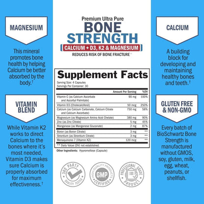 Bone Strength Supplement with Calcium + D3, K2 & Magnesium - Highly Absorbable BioSchwartzUS supplements