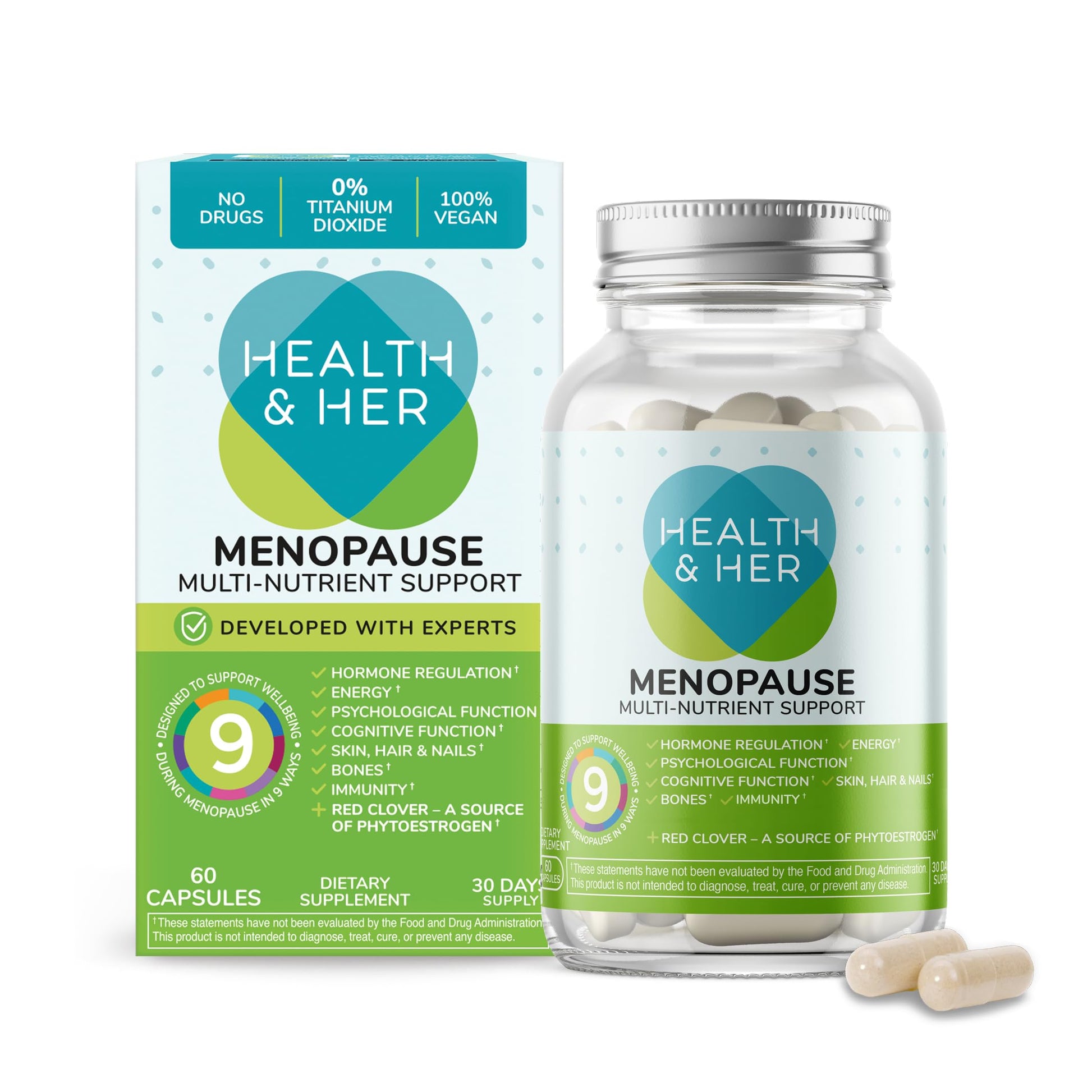 Health & Her Menopause Supplements for Women - Multi-Nutrient Support, Menopause Vitamins for Energy, Bones, Muscles, Skin & Hair, Vegan, Gluten-Free, Non GMO (60ct - 1 Month) Health and HerAu supplements