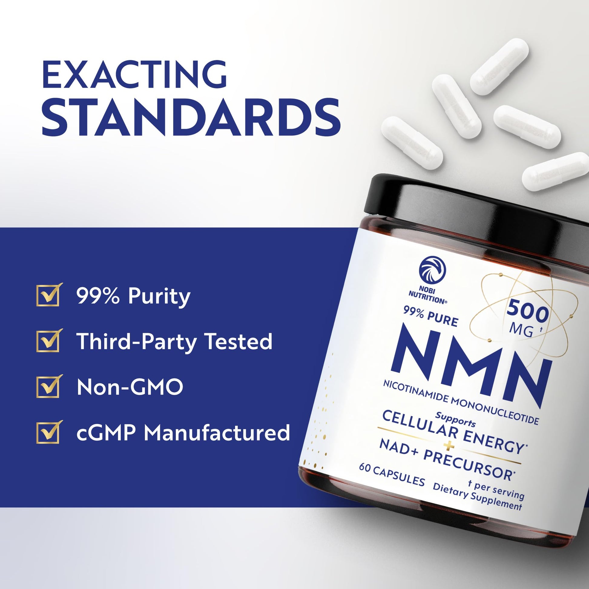 NMN Supplement 500mg | 99% Pure | NAD+ Precursor for Cellular Energy, Longevity, Repair, and Healthy Aging Support | Third-Party Tested & Non-GMO | Nicotinamide Mononucleotide | 60 NMN Capsules Nobi NutritionAu supplements