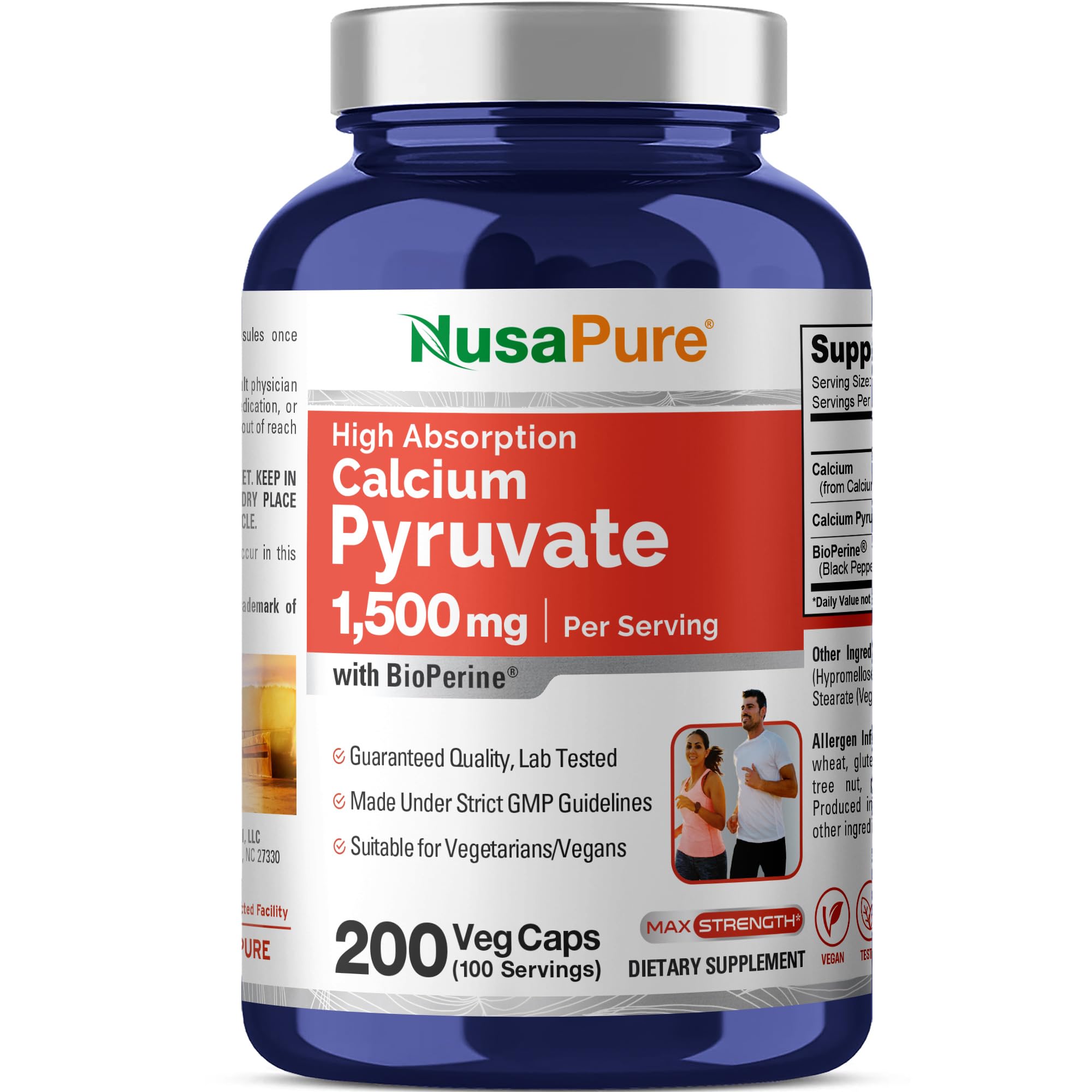 NusaPure Calcium Pyruvate - Suitable for Vegetarian/Vegan, Non - GMO - 1500 mg - 200 Capsules NusaPureAu supplements