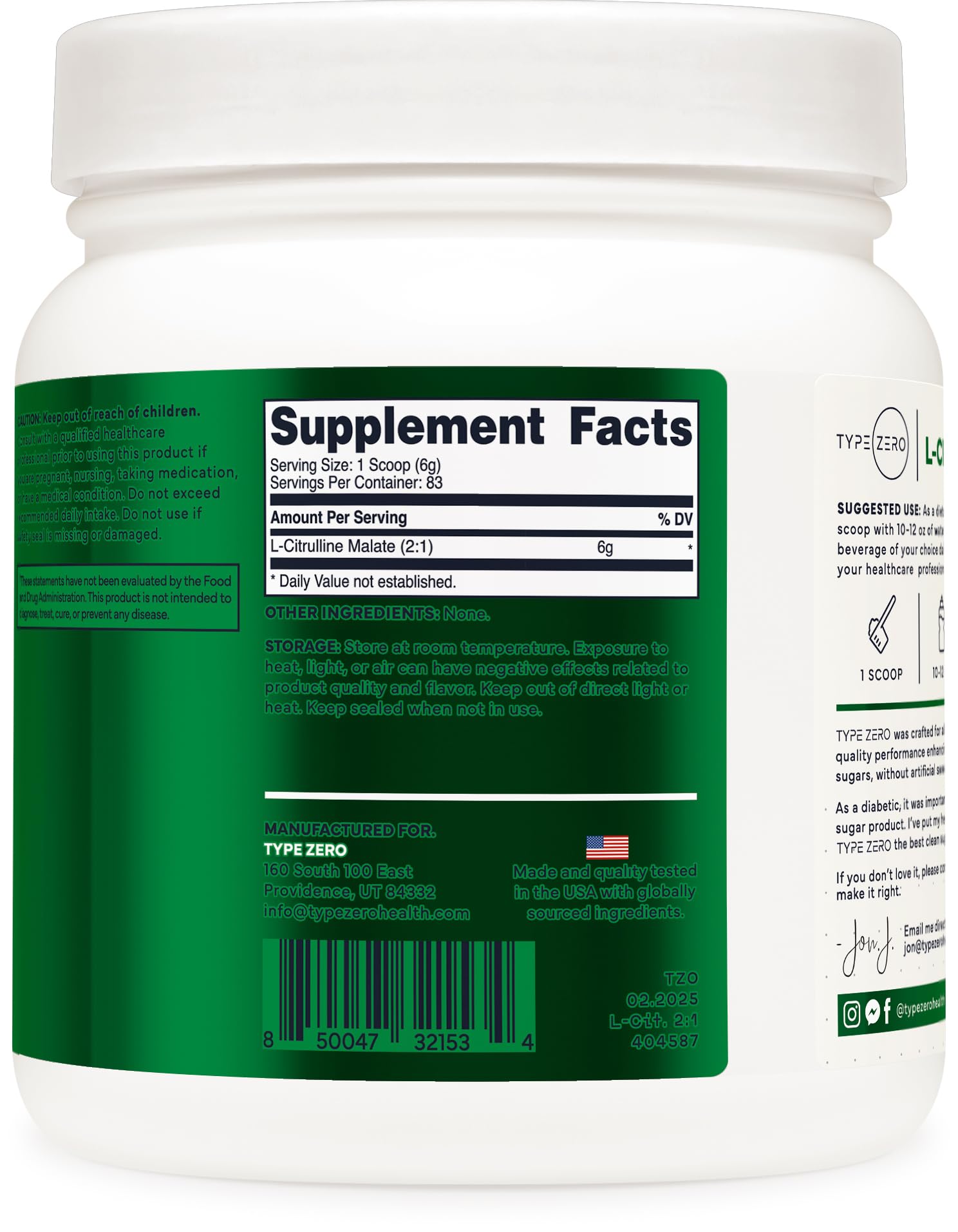 Type Zero Clean L-Citrulline Malate 2:1 Powder Drink Mix (500g, Unflavored) (83 Servings) - Keto Friendly, Gluten Free, Non-GMO Type ZeroUS supplements