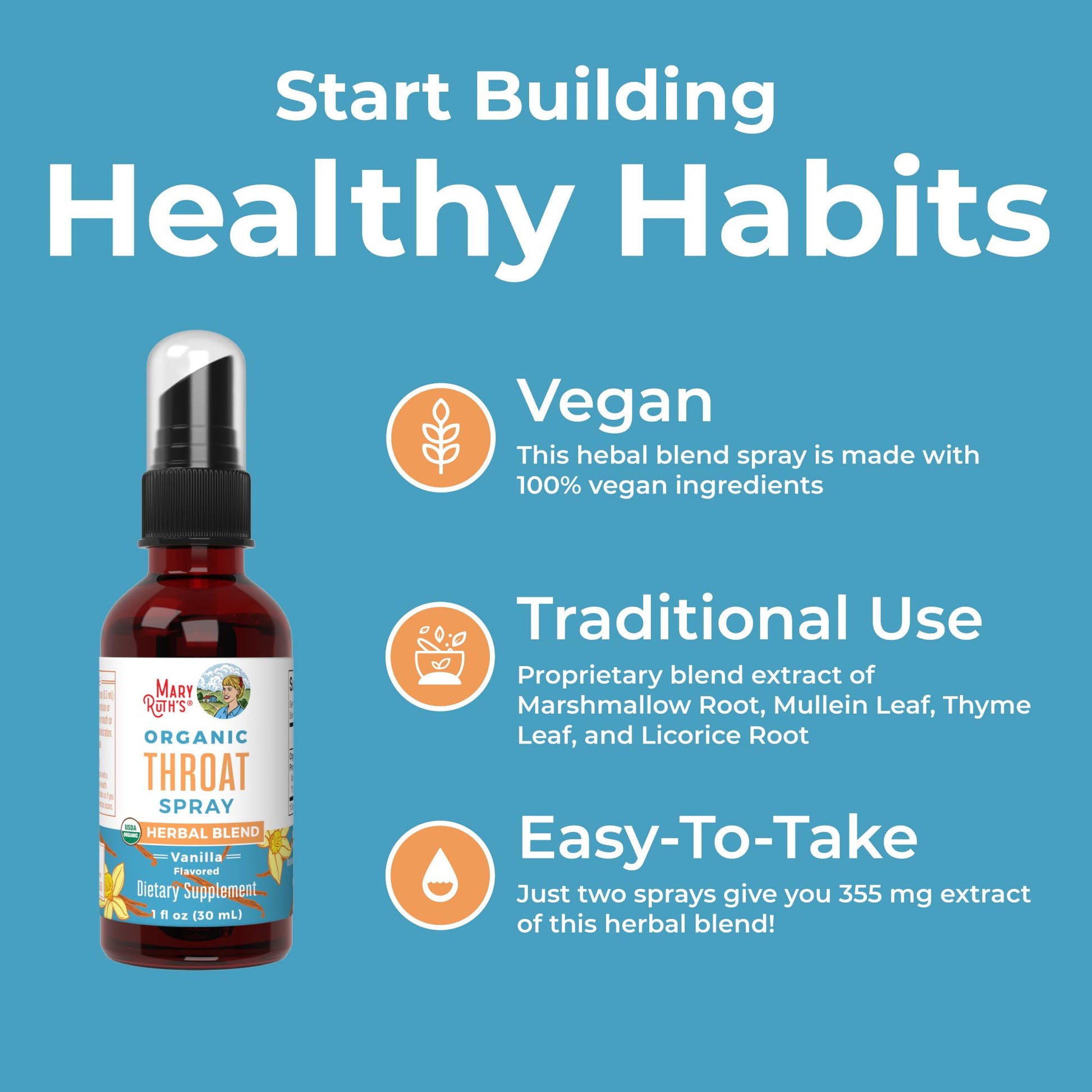 MaryRuth Organics USDA Organic Throat Spray with Mullein Leaf | Marshmallow Root & Licorice Root & Thyme Leaf | Vanilla | 4 Herbal Blend | Non-GMO | Vegan | Gluten Free | 1 Fl Oz | Up to 100 Servings MARYRUTH'SUS supplements