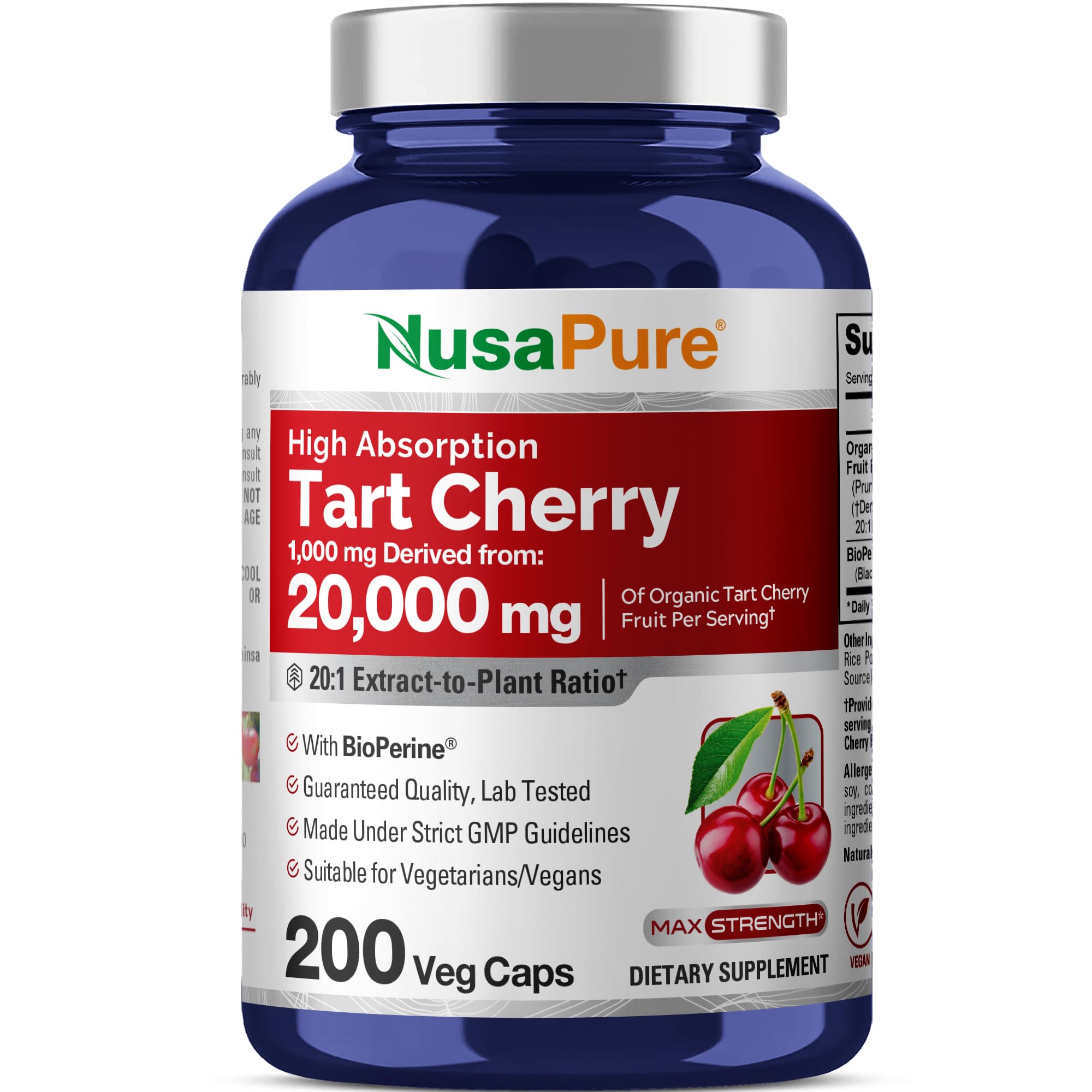 NusaPure Organic Tart Cherry 20:1 Extract, 1000 mg Equivalent to 20,000 mg 200 Veggie Caps (Vegan, Non-GMO) Bioperine NusaPureAu supplements
