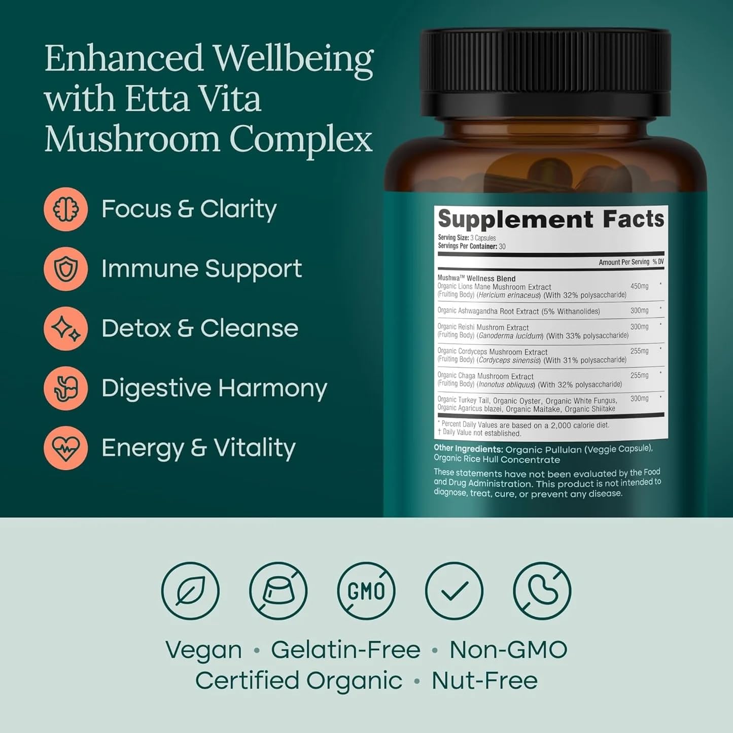 USDA Organic Lions Mane Supplement Capsules with Ashwagandha, Chaga, Reishi, Cordyceps, Turkey Tail (18,600mg/serv) 10x Adaptogenic Mushroom Complex as Focus Supplement - Energy, Immunity & Nootropic Etta VitaAu supplements