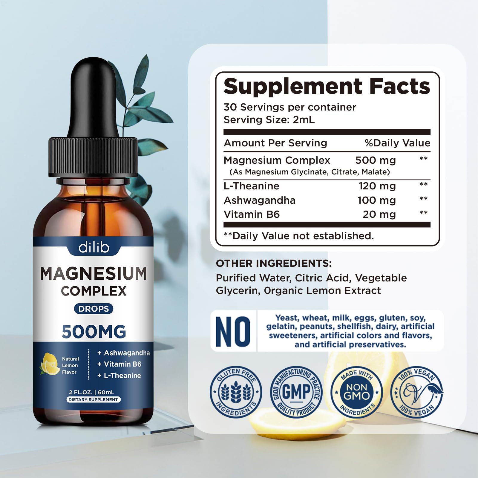 Magnesium Glycinate Liquid Drops, Triple Magnesium Complex Supplement with Citrate, Malate 500mg Ashwagandha, L-Theanine, Vitamin B6 for Sleep, Calm, Stress Relief, Bone, Muscle, Mood - Lemon Flavor dilibAu supplements