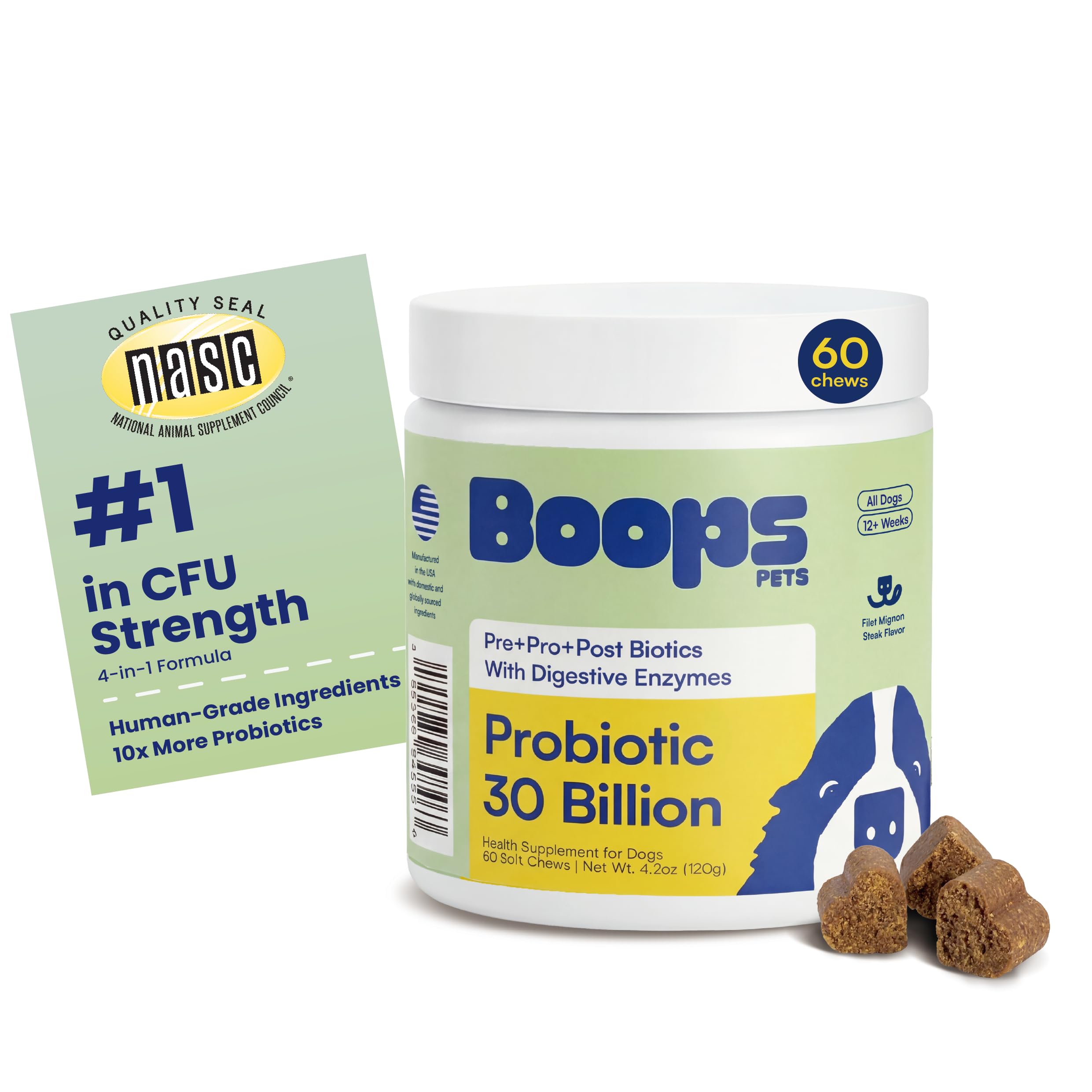 Boops Pets Probiotics for Dogs – 30 Billion CFU with Pre, Postbiotics & Digestive Enzymes – Supports Gut Health, Immunity, Loose Stools & Allergies – Filet Mignon Flavor – Vet Formulated – 60 Chews Boops PetsAu supplements