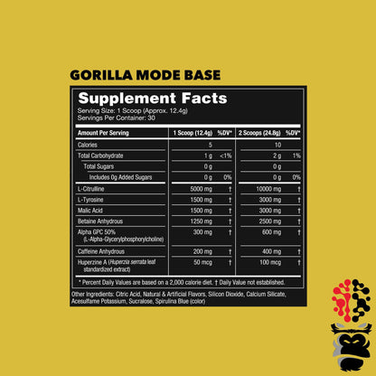 Gorilla Mode Base Pre Workout - Raises Nitric Oxide · Intense Focus & Drive · Endurance Gorilla MindUS supplements