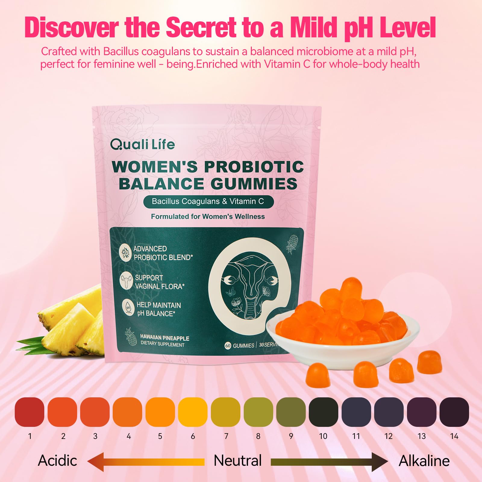 QualiLife Premium Feminine Balance Gummies for Women – Probiotic Vaginal Health Support with Vitamin C – pH Balance & Flora Support – Sugar Free, Vegan, Hawaiian Pineapple Flavor – 60 Gummies (1) QualiLifeAu supplements