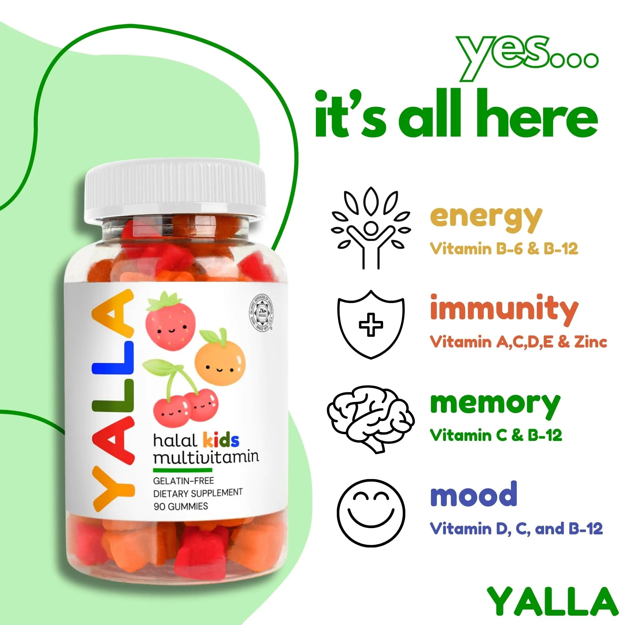 YALLA Halal Vitamins for Kids, Halal Kids Multivitamin Gummies, 45-90 Day Supply, Essential Vitamins with C, D3 YALLAAu supplements