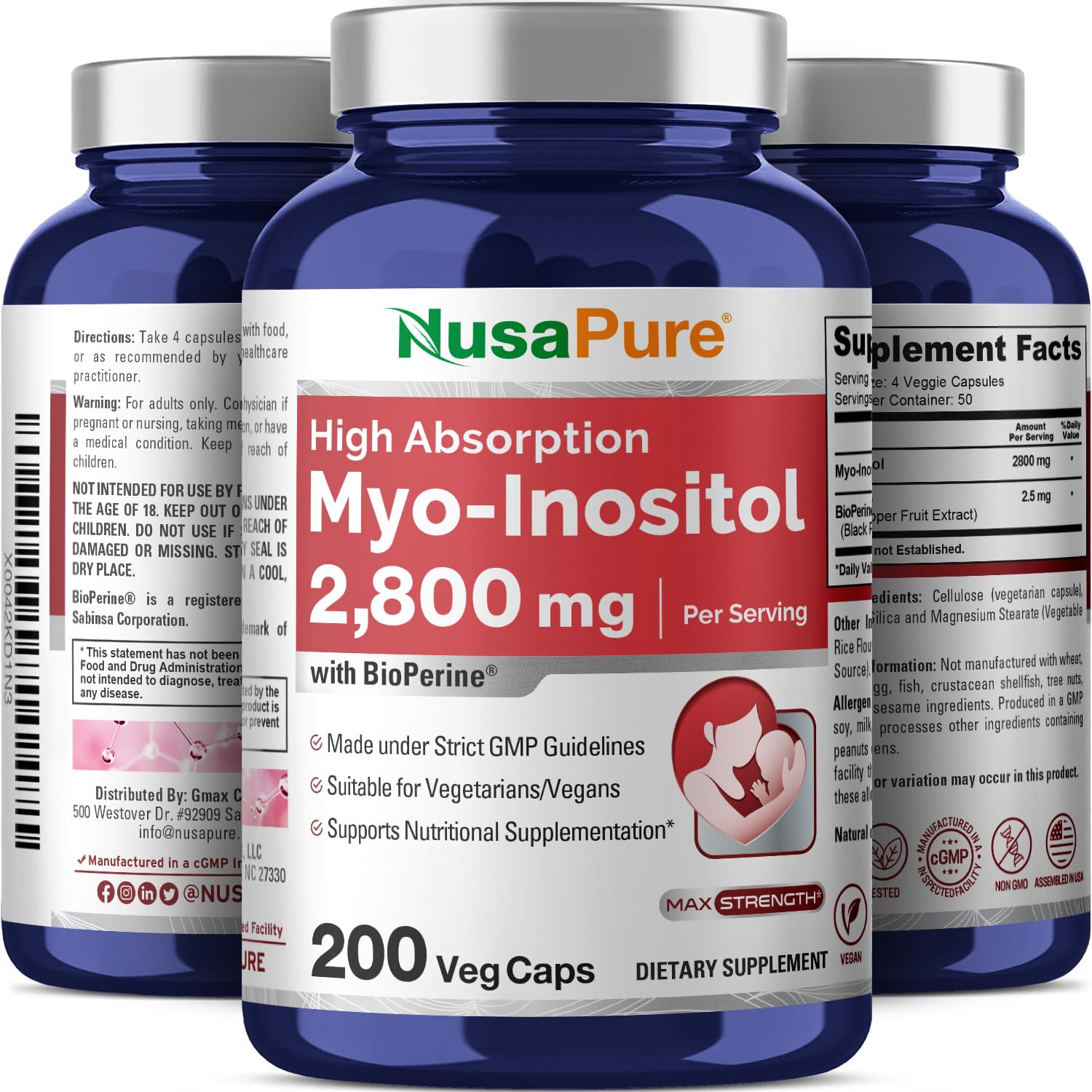 NusaPure Myo-Inositol - Suitable for Vegetarian/Vegan, Non - GMO - 2800mg, 200 Capsules NusaPureAu supplements