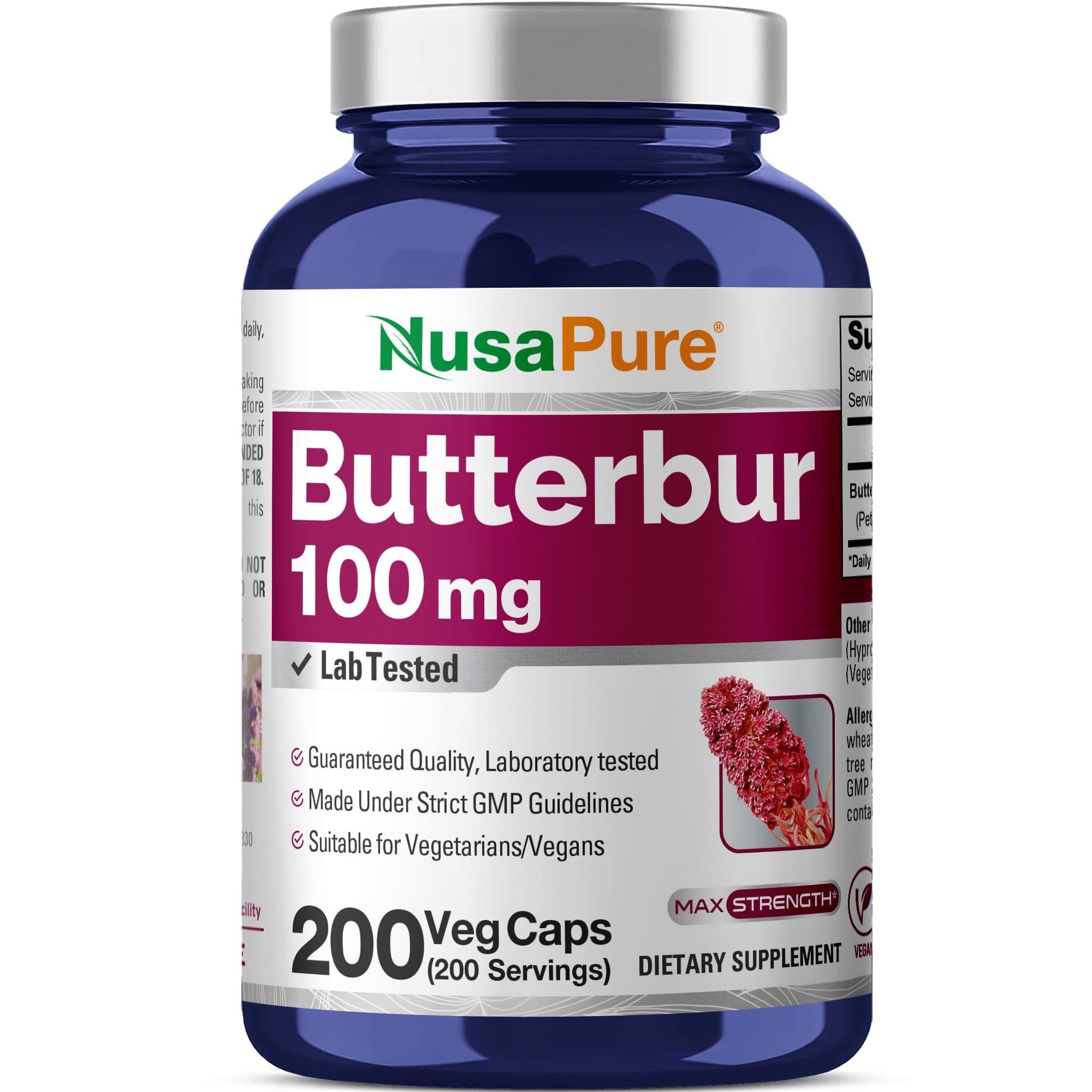 NusaPure Butterbur Extract 100mg per caps 200 Veggie Capsules (Non-GMO, Vegetarian, Vegan) NusaPureAu supplements