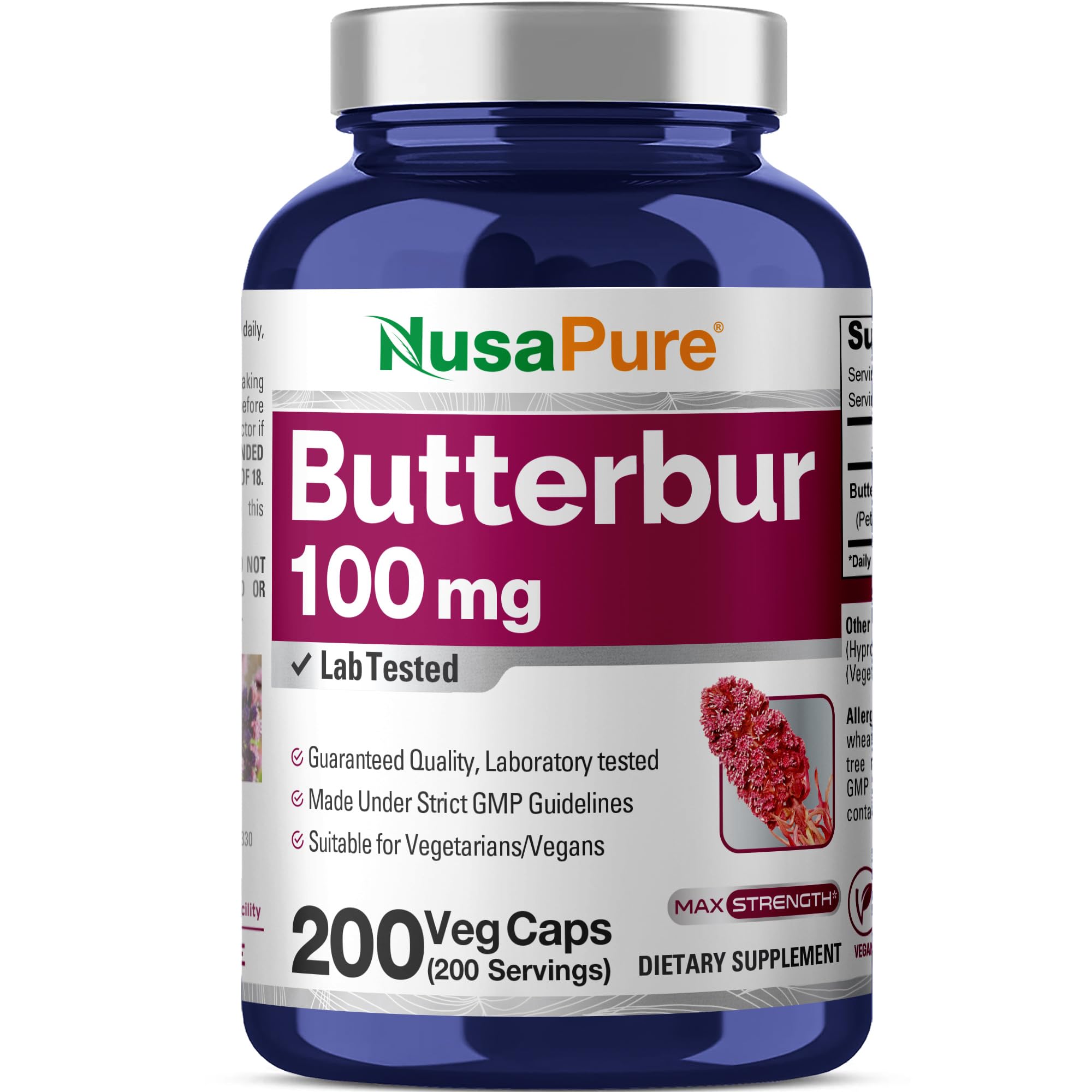 NusaPure Butterbur Extract 100mg per caps 200 Veggie Capsules (Non-GMO, Vegetarian, Vegan) NusaPureAu supplements