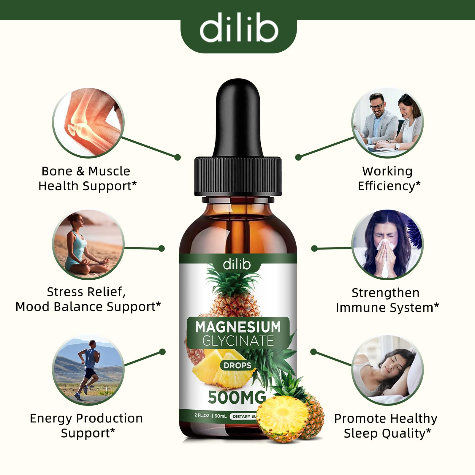 Magnesium Glycinate Supplement, Liquid Magnesium Glycinate Liquid Drops 500mg-Support Stress Relief, Relaxation, Mood, Sleep, Bone & Muscle-2 Fl Oz, Vegan, Pineapple Flavor dilibAu supplements