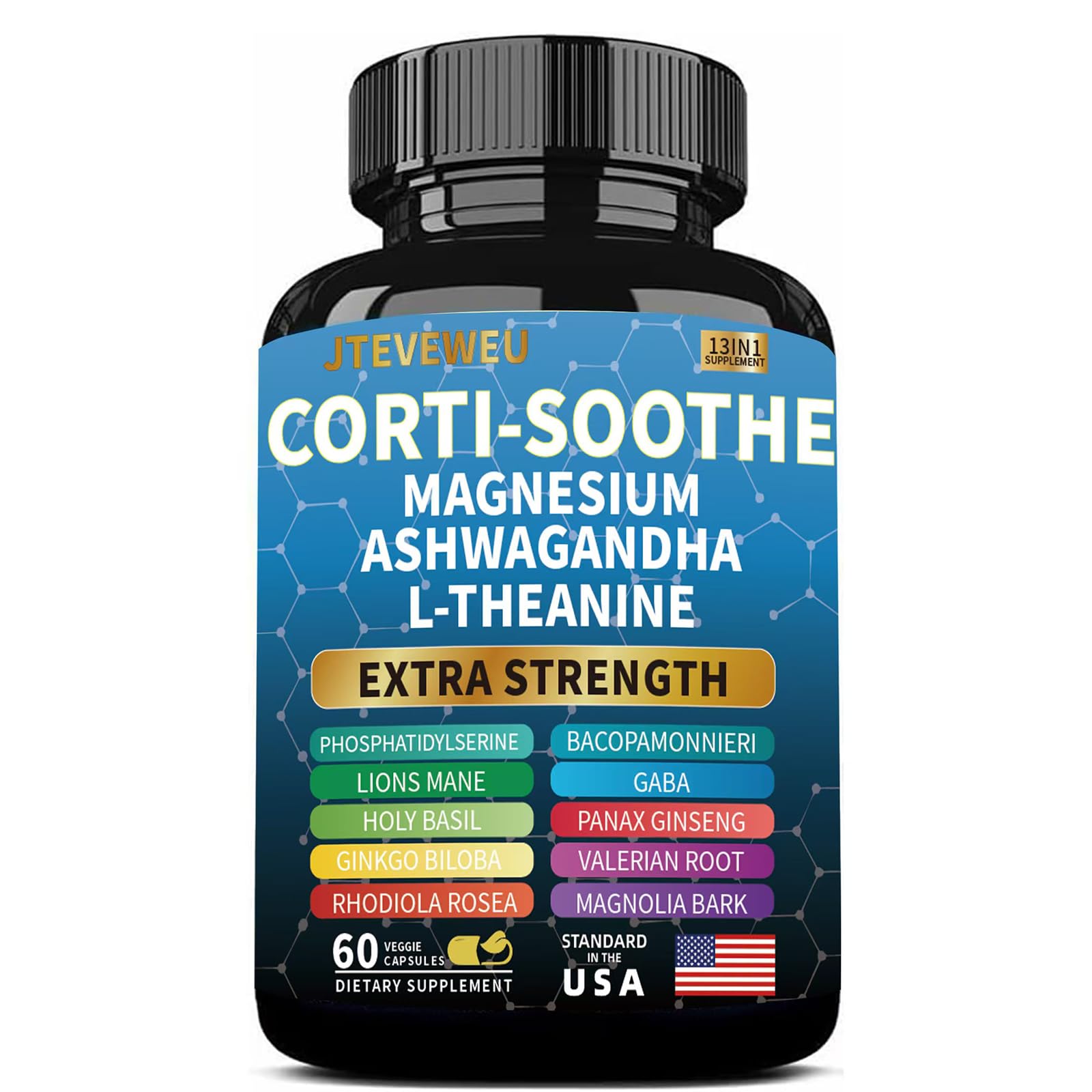 Corti-Soothe Cortisol Supplement for Women and Men with Magnesium Glycinate 200mg, L-Theanine 150mg, Phosphatidylserine 50mg & Manager Holy Basil Ginkgo Biloba Bacopa Monnieri Valerian 60 Capsules JTEVEweuAu supplements