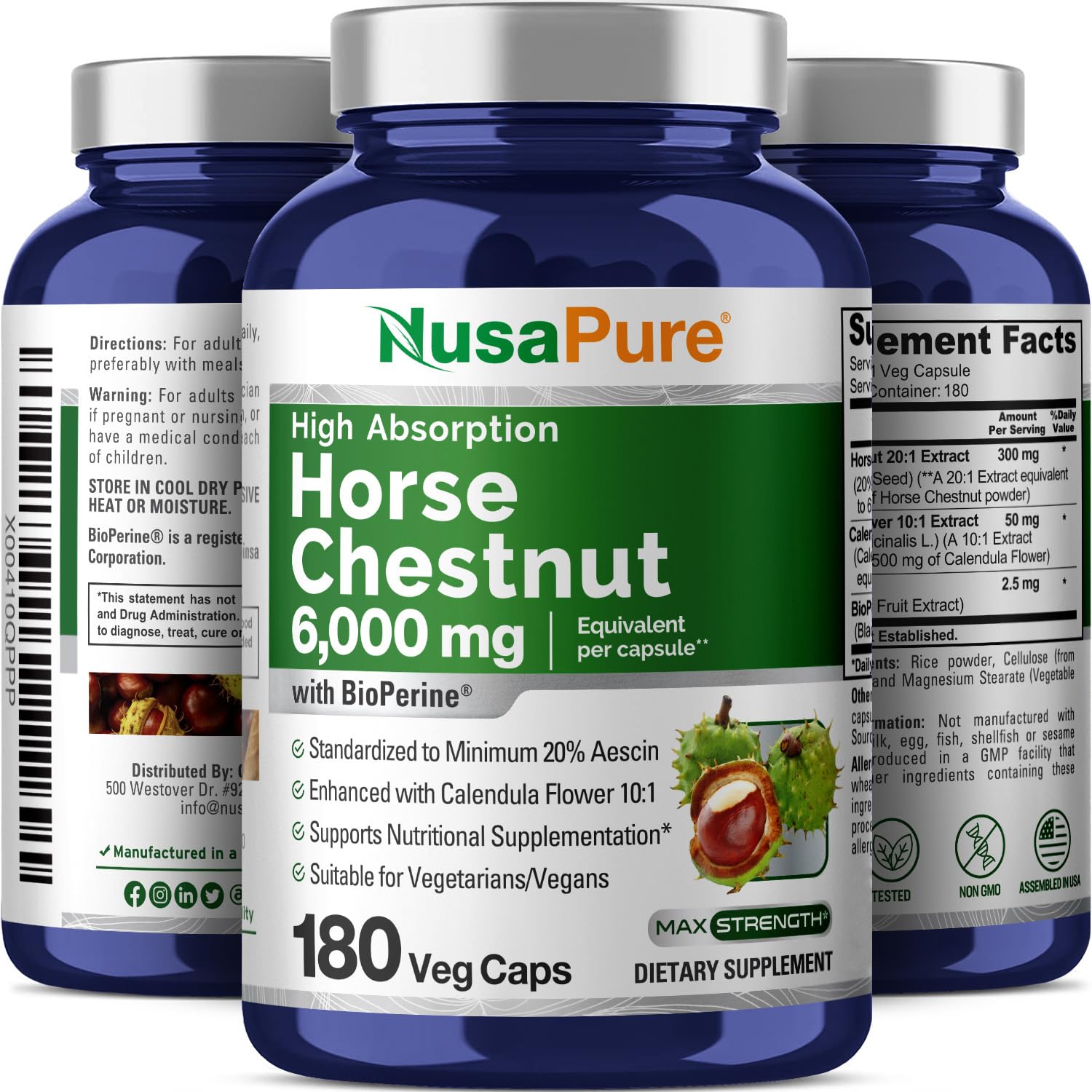 NusaPure Horse Chestnut 20:1 Extract, 300 mg Equivalent to 6,000mg 180 Veggie Caps Non-GMO, Vegan, BioPerine, Calendula Flower NusaPureAu supplements