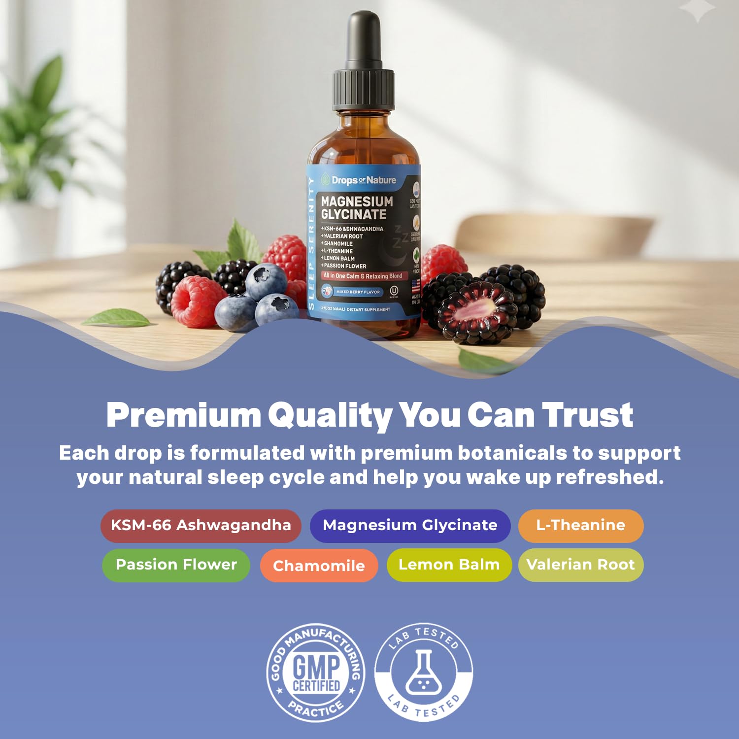 Magnesium Glycinate & Ashwagandha Liquid Drops with Valerian Root, Chamomile, Passion Flower, Lemon Balm & L-Theanine - Vegan Fast Absorption - Supplement for Wellness & Relaxation (Mixed Berry, 60mL) Drops Of NatureAu supplements