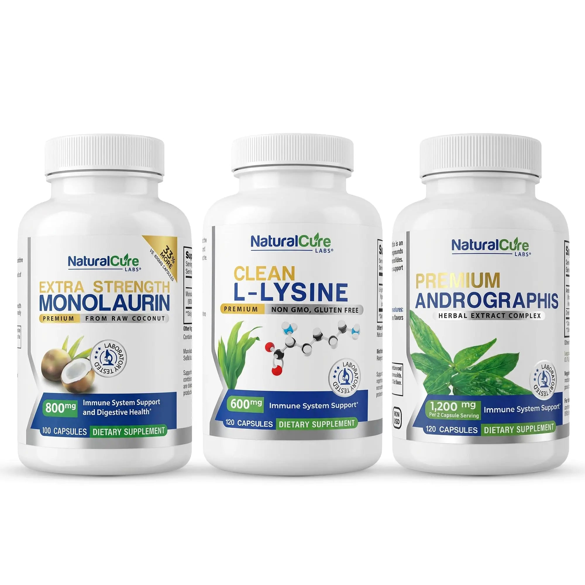 Extra Strength Stack: Monolaurin 800mg + Clean L-Lysine 600mg + Andrographis, Advanced Immune Support Routine Bundle Natural Cure Labsnz supplements