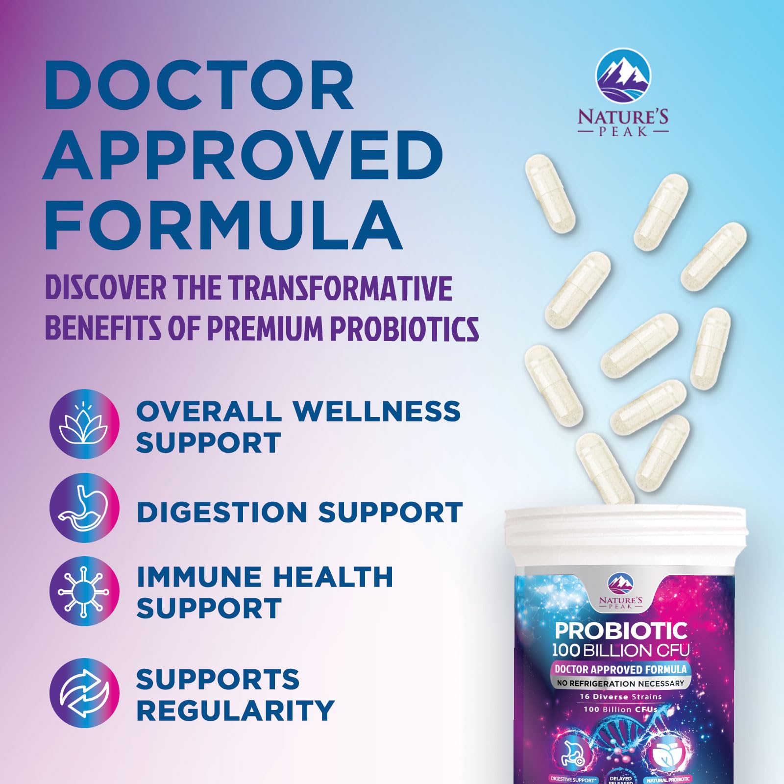 Probiotics 100 Billion CFU - 16 Premium Strains + Prebiotics - Best Probiotics for Women & Men - Supports Immune, Digestive & Gut Health, Supports Occasional Constipation, Gas & Bloating - 30 Capsules Nature's PeakAu supplements