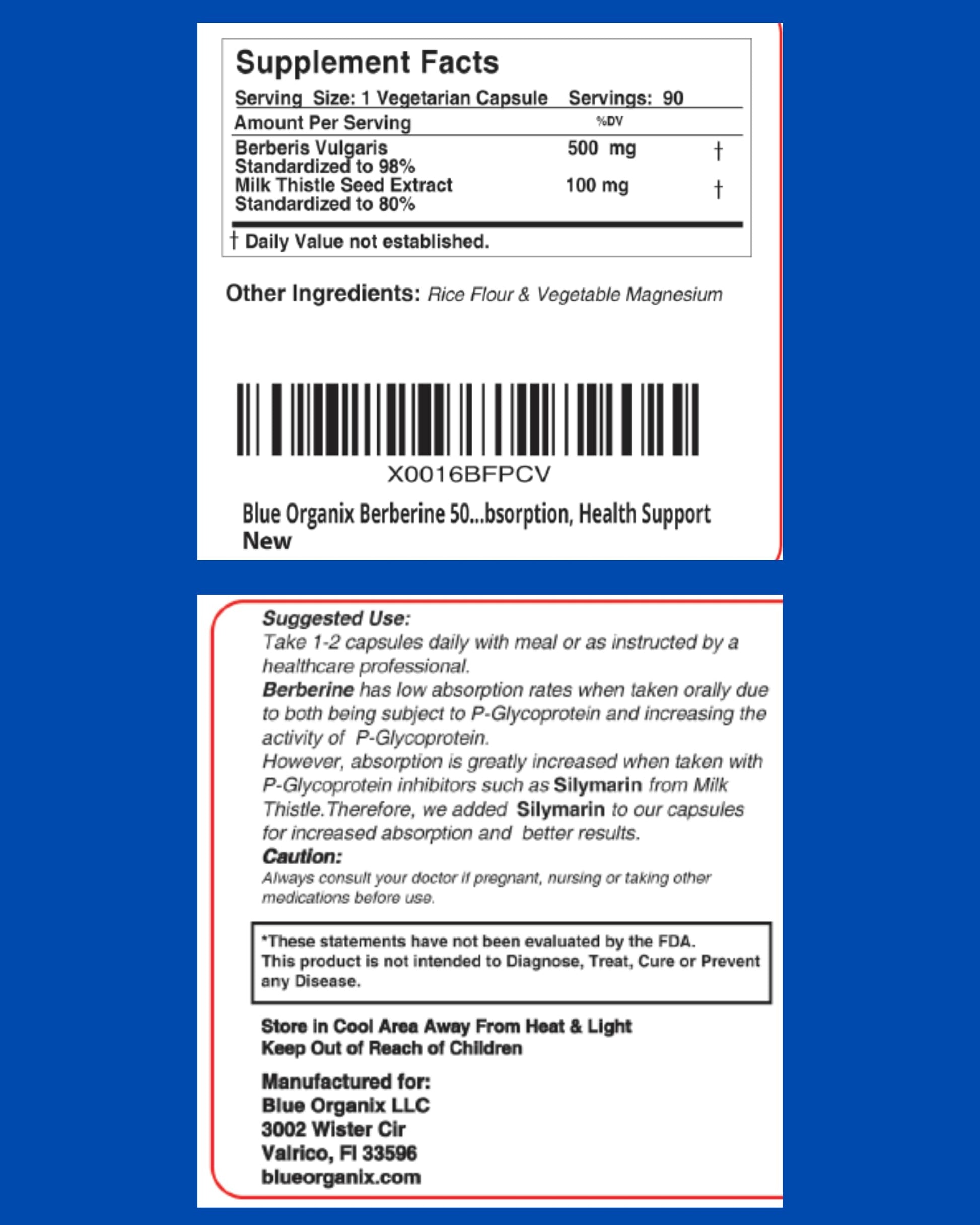 Blue Organix Berberine 500mg Formula HCL Complex Supplement with Silymarin Blue OrganixUS supplements