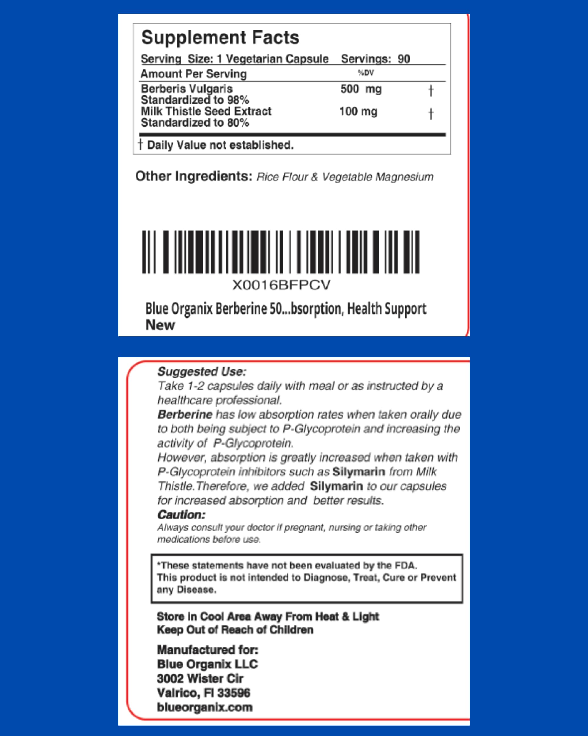Blue Organix Berberine 500mg Formula HCL Complex Supplement with Silymarin Blue OrganixUS supplements