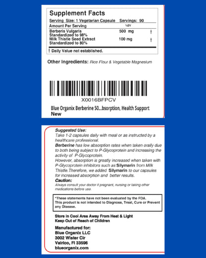 Blue Organix Berberine 500mg Formula HCL Complex Supplement with Silymarin Blue OrganixUS supplements
