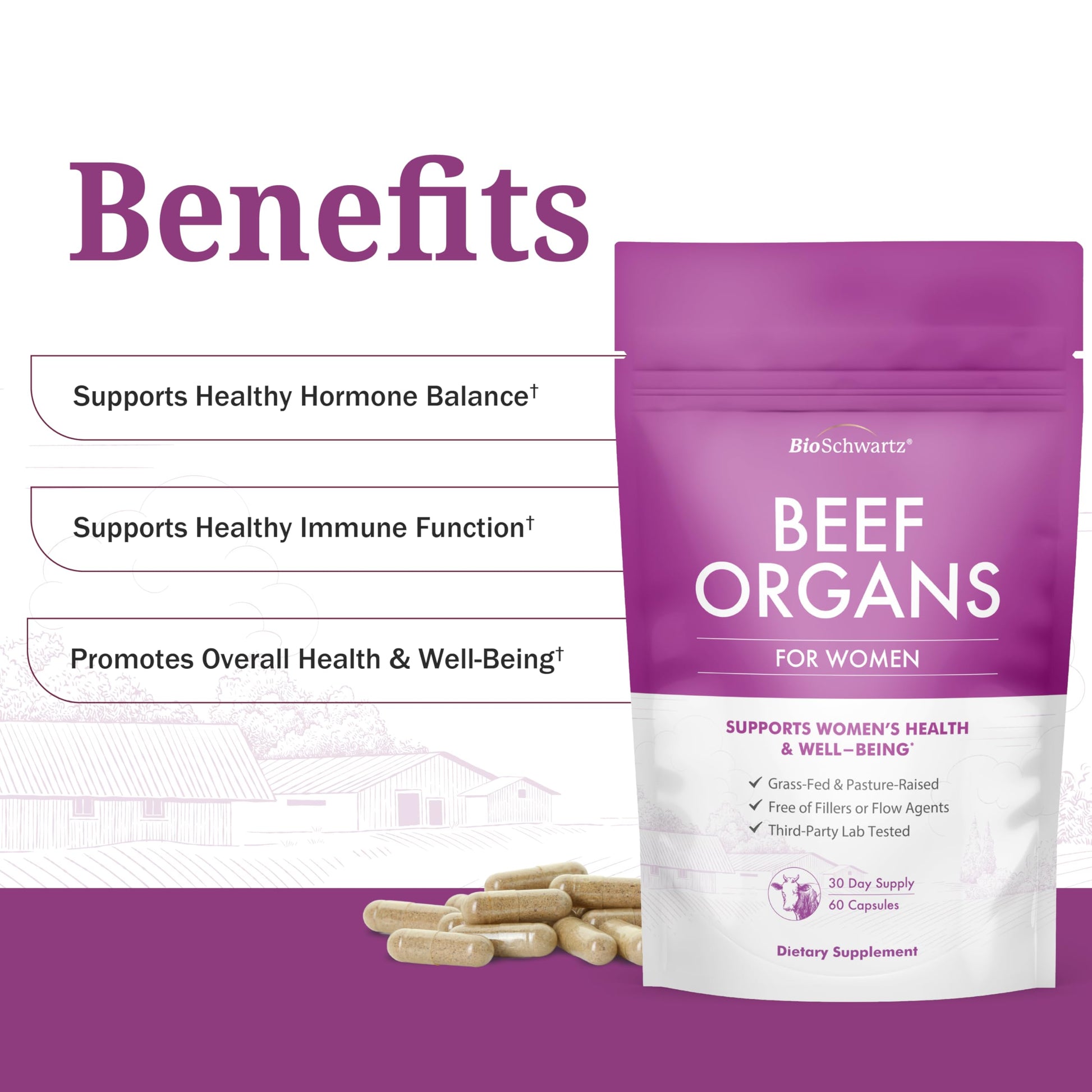 BioSchwartz Primal Beef Organ Supplement for Women - 60 Capsules - Grass-Fed & Pasture-Raised - Supports Healthy Hair Skin and Nails, Hormone Balance - with Bovine Liver, Kidney, Heart, Uterus Powder BioSchwartzAu supplements