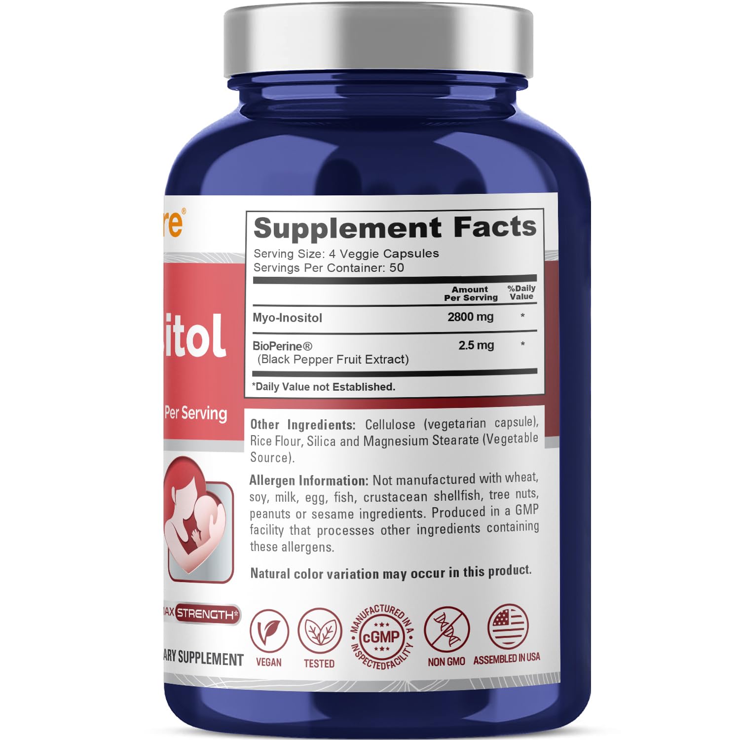 NusaPure Myo-Inositol - Suitable for Vegetarian/Vegan, Non - GMO - 2800mg, 200 Capsules NusaPureAu supplements