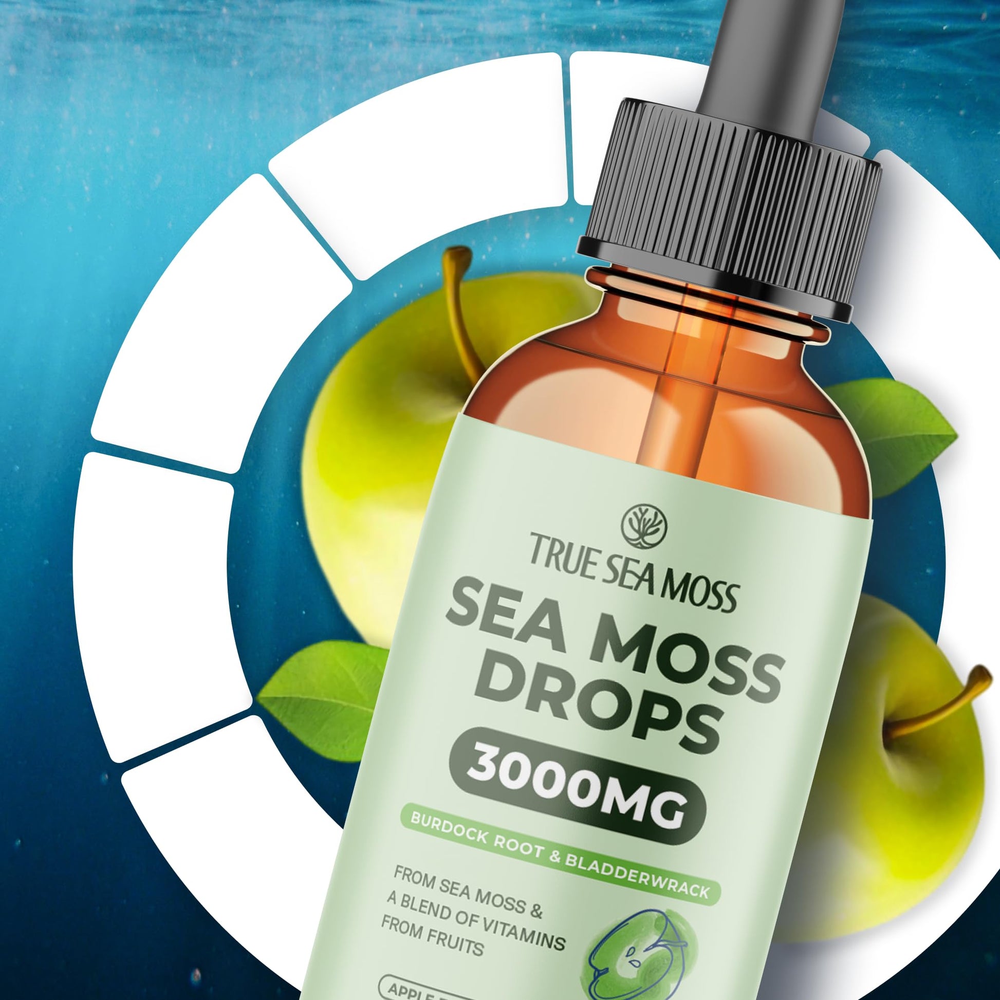 Irish Sea Moss Liquid Drops - 3000mg Formula - with Bladderwrack, Burdock Root & Black Cumin Seed - Liquid Supplement - Apple Flavor - 2 Fl Oz (60ml) TrueSeaMossAu supplements