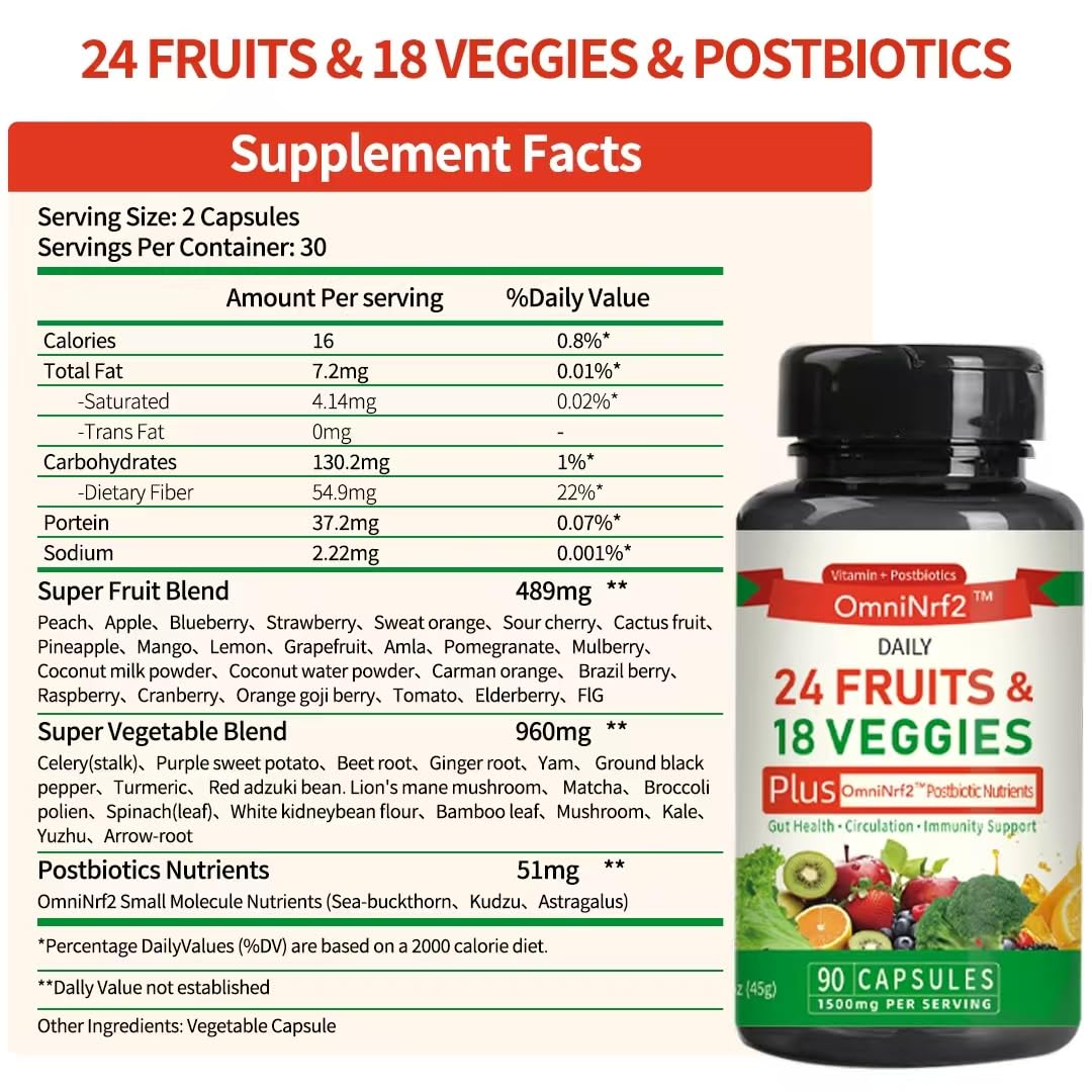OmniNrf2 Postbiotic Supplement Capsules for Gut Health, Superfood with 24 Fruits & 18 Veggies & Fermented Herbal Plants, 90 Capsules for Antioxidant Support OmniNrf2Au supplements