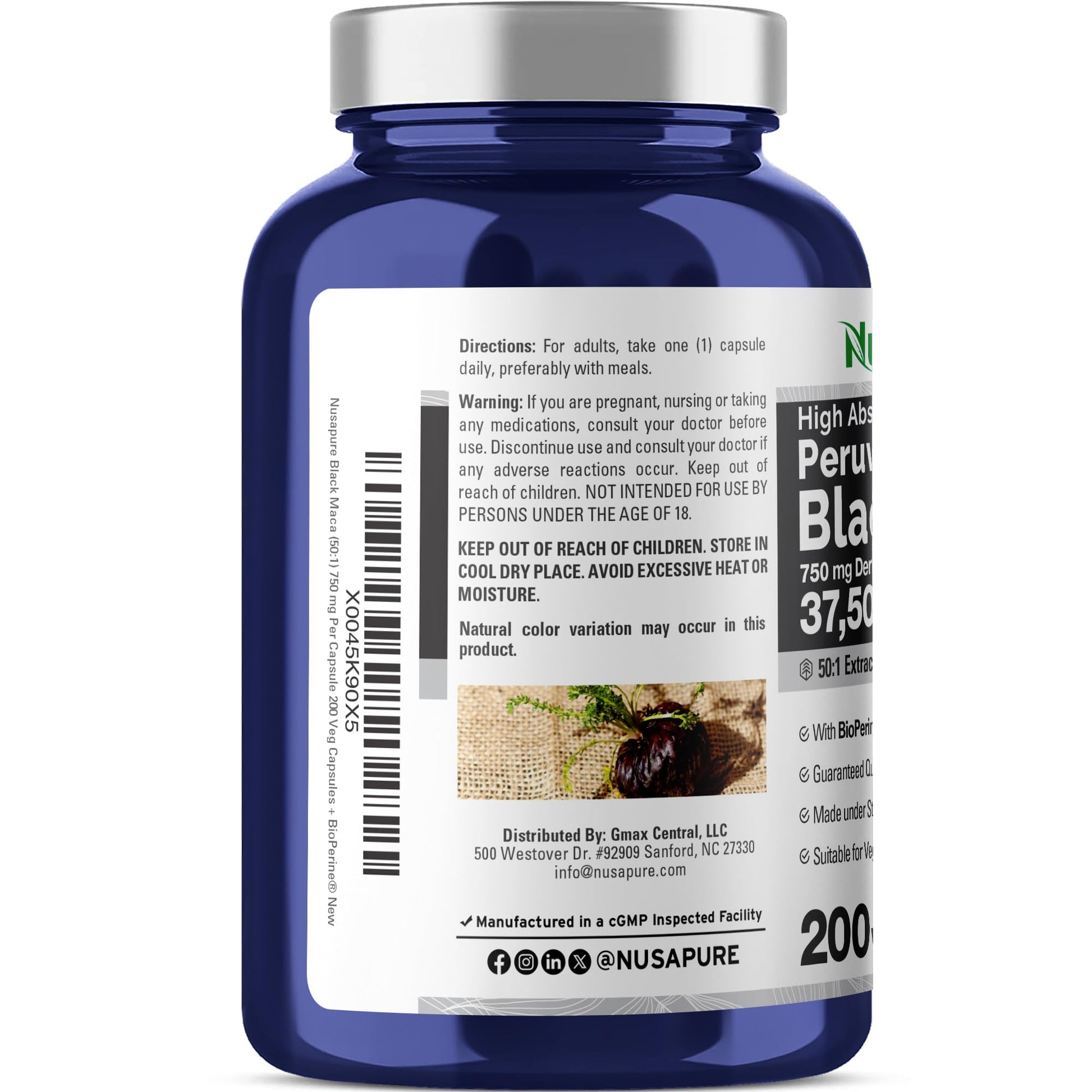 NusaPure Peruvian Black Maca Root Extract 50:1 - Suitable for Vegetarian/Vegan, Non - GMO - 37500 mg - 200 Capsules NusaPureAu supplements