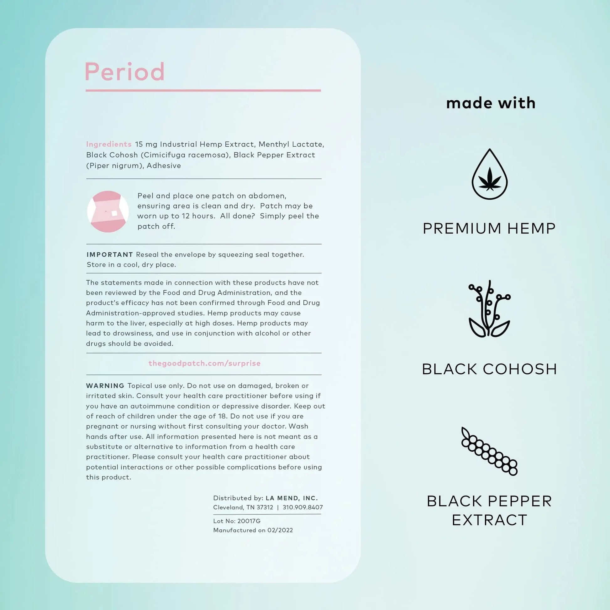 The Good Patch Period Patch with Hemp for Cramps, Sustained Release for up to 12 Hours, Natural Patch with Hemp, Black Cohosh, Plant Powered Wearable Wellness (16 Total Patches) The Good PatchAu supplements