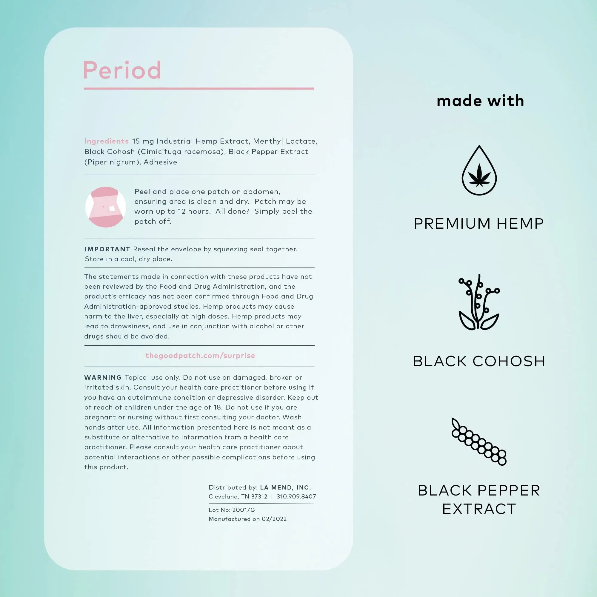The Good Patch Period Patch with Hemp for Cramps, Sustained Release for up to 12 Hours, Natural Patch with Hemp, Black Cohosh, Plant Powered Wearable Wellness (16 Total Patches) The Good PatchAu supplements