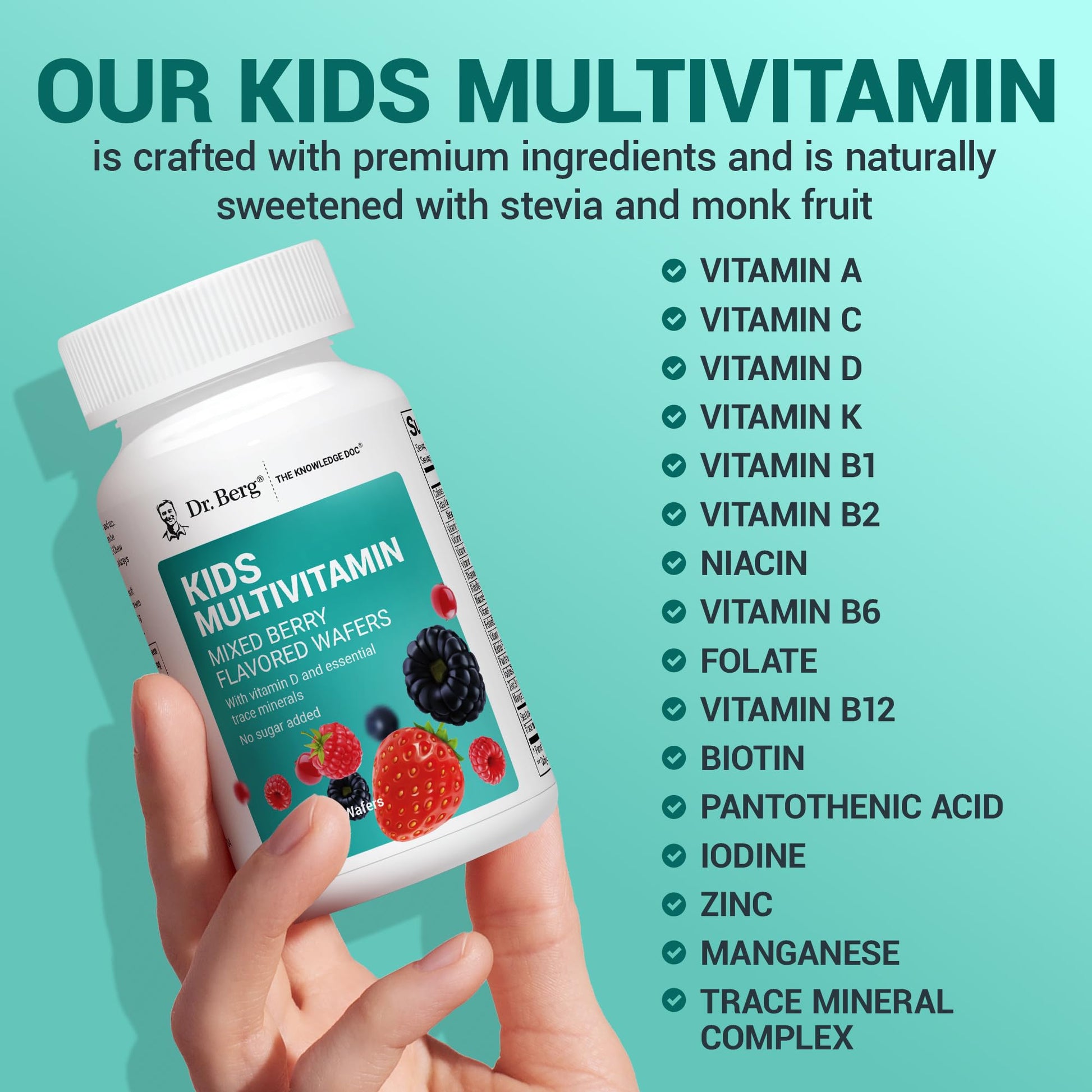 Dr. Berg Kids Chewable Multivitamins (NOT Sweetened w/Sugar) - Daily Multivitamin for Kids that Includes 20 Nutrients & Trace Mineral Complex - Mixed Berry Chewable Vitamins for Kid - Red Wafers Dr. Berg NutritionalsAu supplements