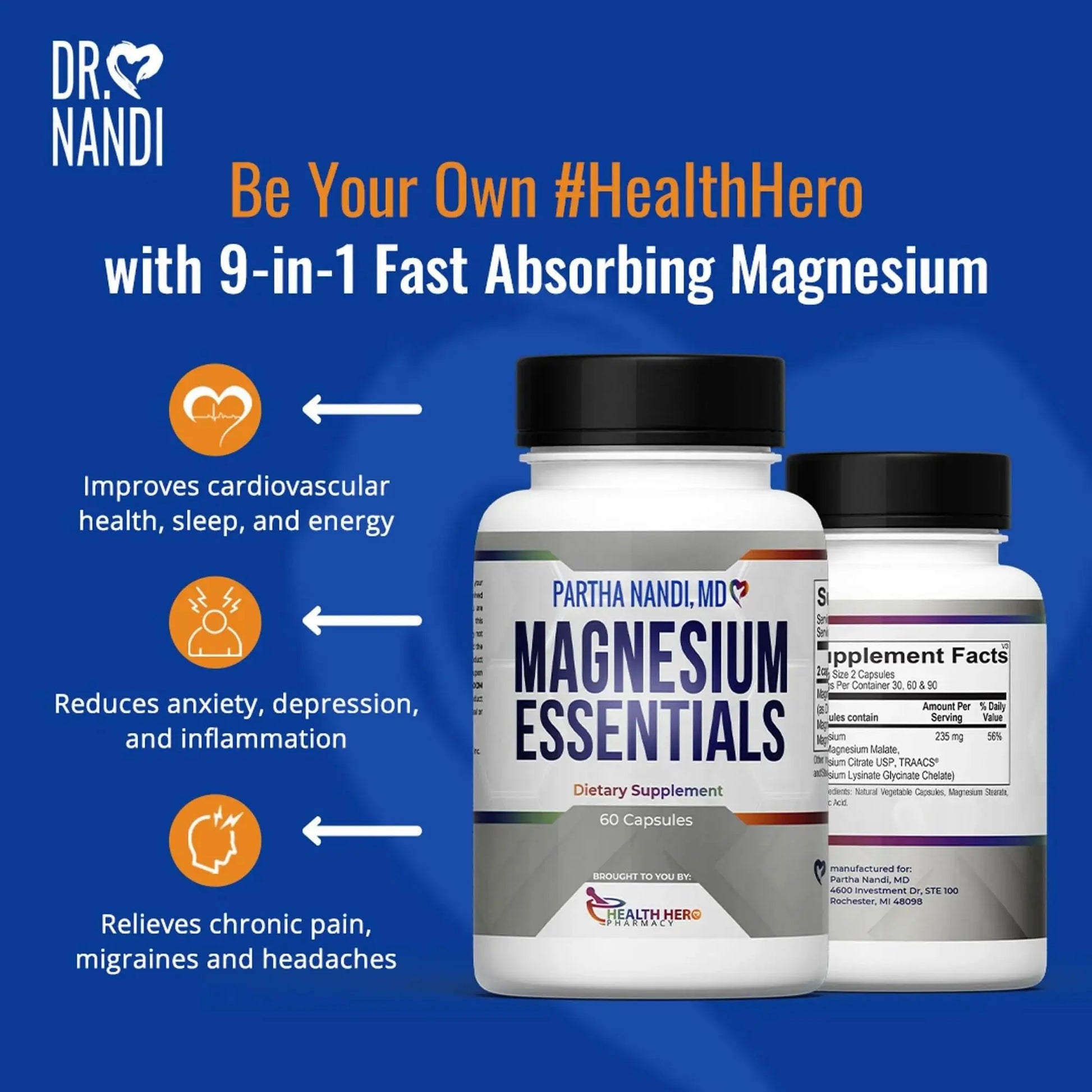Triple Magnesium Citrate, Malate & Glycinate Complex Supplement – Supports Sleep, Stress, Muscle, Nerve & Heart Health – Advanced High-Absorption Formula – 235mg – 60 Capsules Partha Nandi, MDnz supplements