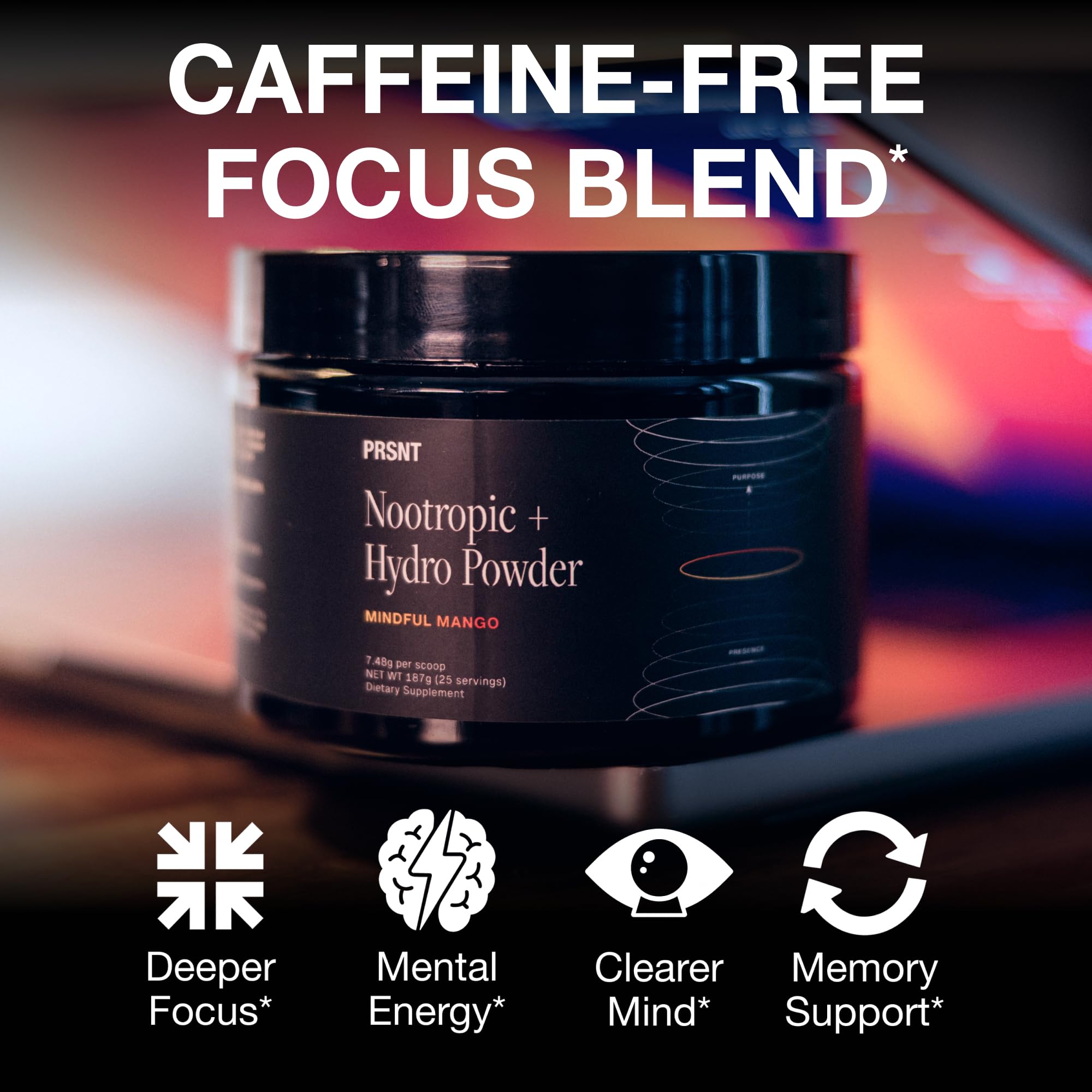 PRSNT Nootropic Focus Powder | Mango 25 Servings | Caffeine-Free, Sugar-Free | Supports Focus, Energy, Mental Clarity | Nootropic + Electrolytes Hydration Focus Drink Mix PRSNTAu supplements