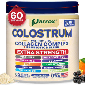 Parrox Colostrum Powder with 40% IgG, Collagen, Probiotics, Burdock Root, L-Glutamine, Elderberry, Vitamin C, Vitamin E, Vitamin D3, Inulin, Selenium, Dandelion Root, Zinc, 60 Servings (Unflavored) ParroxAu supplements