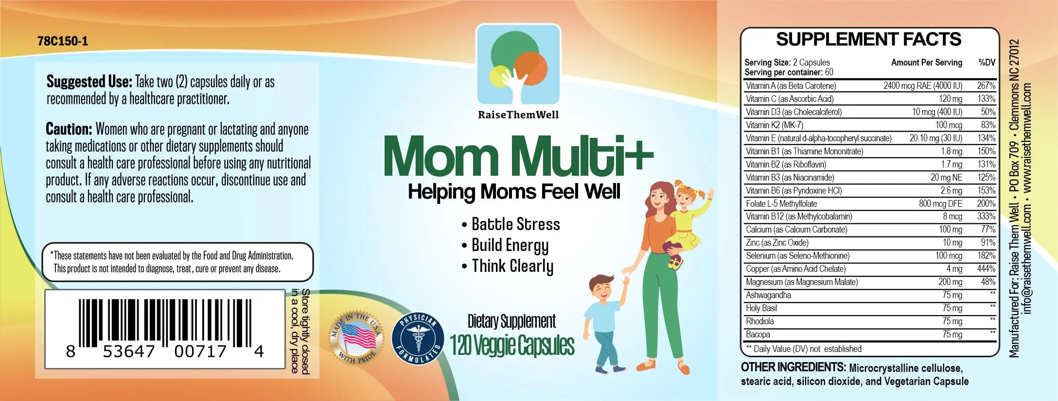 Raise Them Well Mom Multi+ Daily Multivitamin for Women with Active Folate, Adaptogens & Bacopa, Energy, Stress & Cognitive Support, 120 Veggie Capsules Raise Them WellAu supplements