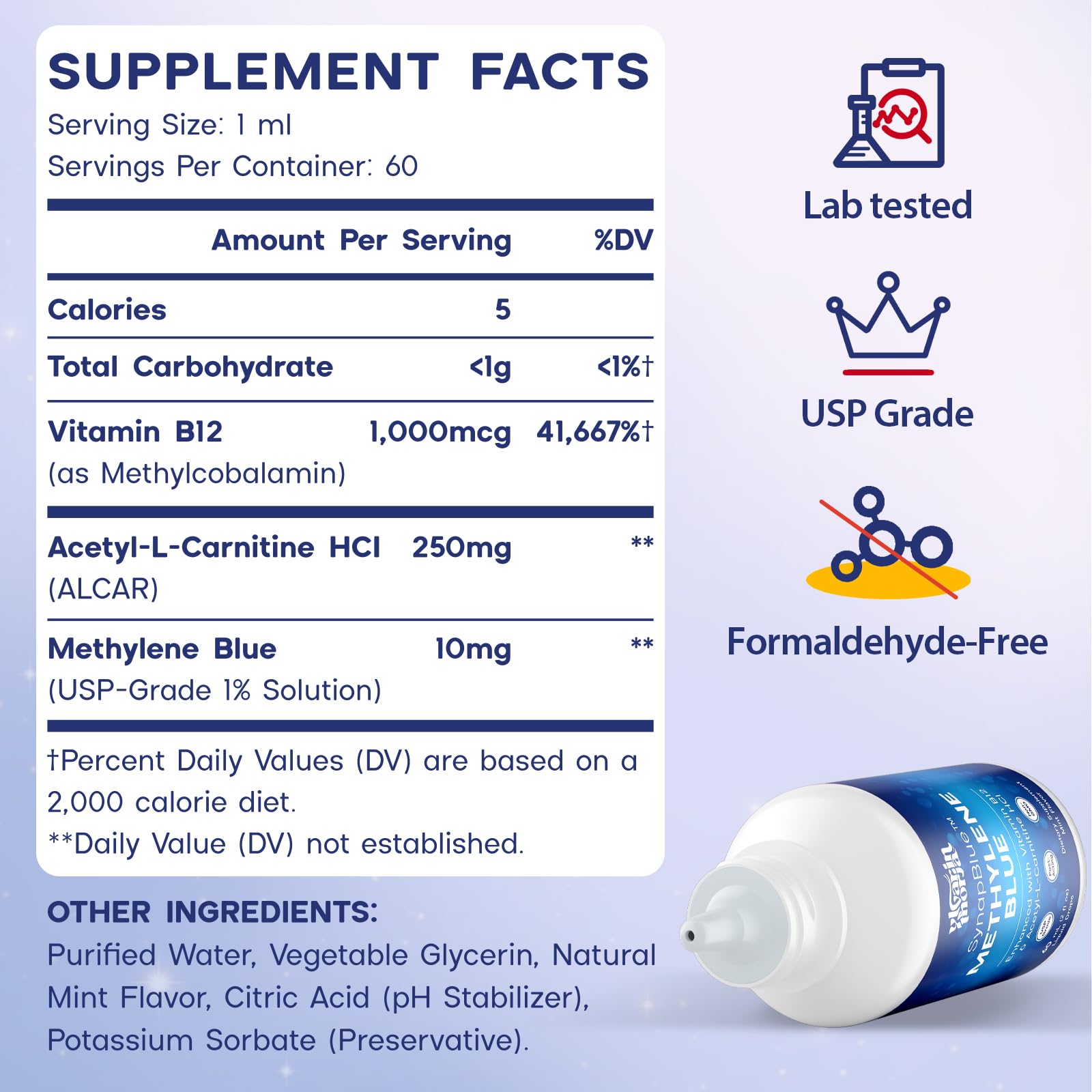 Methylene Blue Drops for Humans, 1% USP Grade – Dropper-Free No-Touch Bottle, Brain Supplement for Memory and Focus – Fast-Acting Nootropic with Methyl B12 & ALCAR – Caffeine-Free, Mint Flavor, 2oz YLVARIN THORIAAu supplements