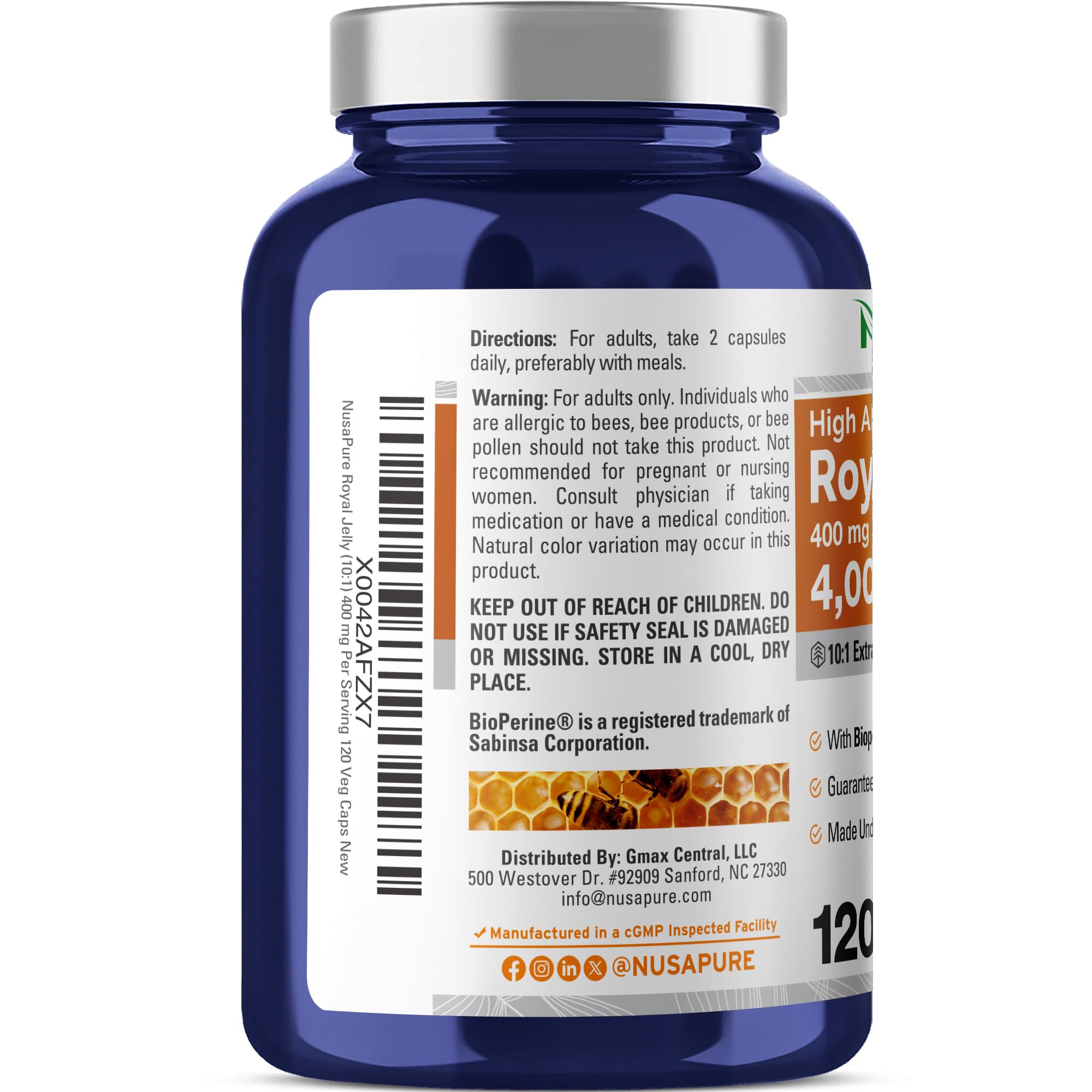 NusaPure Royal Jelly 10:1 Extract, 400 mg Equivalent to 4000mg - 120 Veggie Capsules (Non-GMO, Dairy Free, Dietary Supplement) NusaPureAu supplements