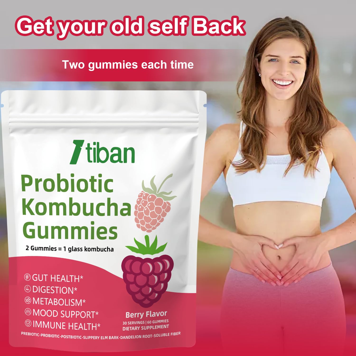 Itiban Probiotic Kombucha Gummy - Prebiotics, Probiotics, Postbiotics, Fiber Supplement, Slippery Elm for Bloating, Gut Health, Women and Men, 60ct ItibanAu supplements