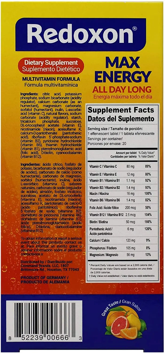 Redoxon Max Energy, Helps Support Inmune System, Citrus Flavor, 20 Effervescent Tablets, 2.82 Oz, Box RedoxonAu supplements