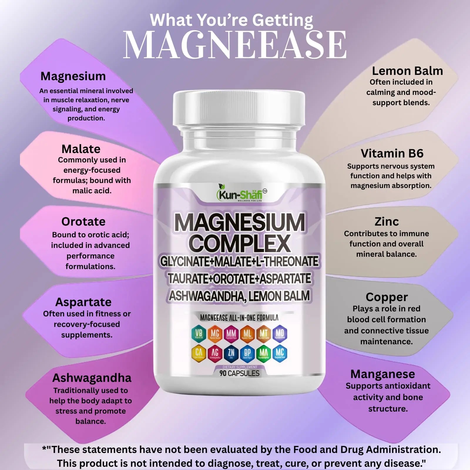 Kun Shafi Magnesium Complex with Magnesium Glycinate Malate, L-Threonate, Taurate, Orotate, Zinc,Aspartate, Copper Manganese & Vitamin D3 B6 Complex - 1Pack Kun Shafinz supplements