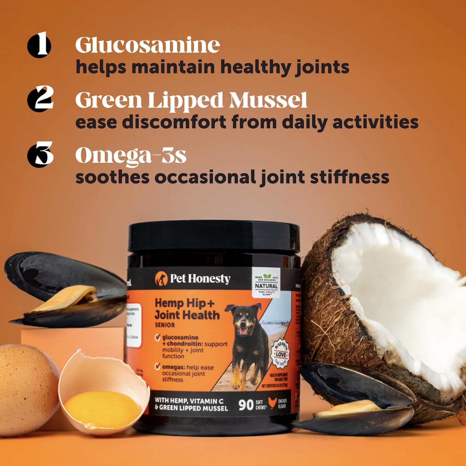 Senior Hemp Hip and Joint Supplement for Dogs - Glucosamine Chondroitin, MSM & Green Lipped Mussel - Relief for Joint Stiffness, Advanced Strength Mobility Support for Senior Dogs (Chicken, 90 Ct) Pet HonestyAu supplements
