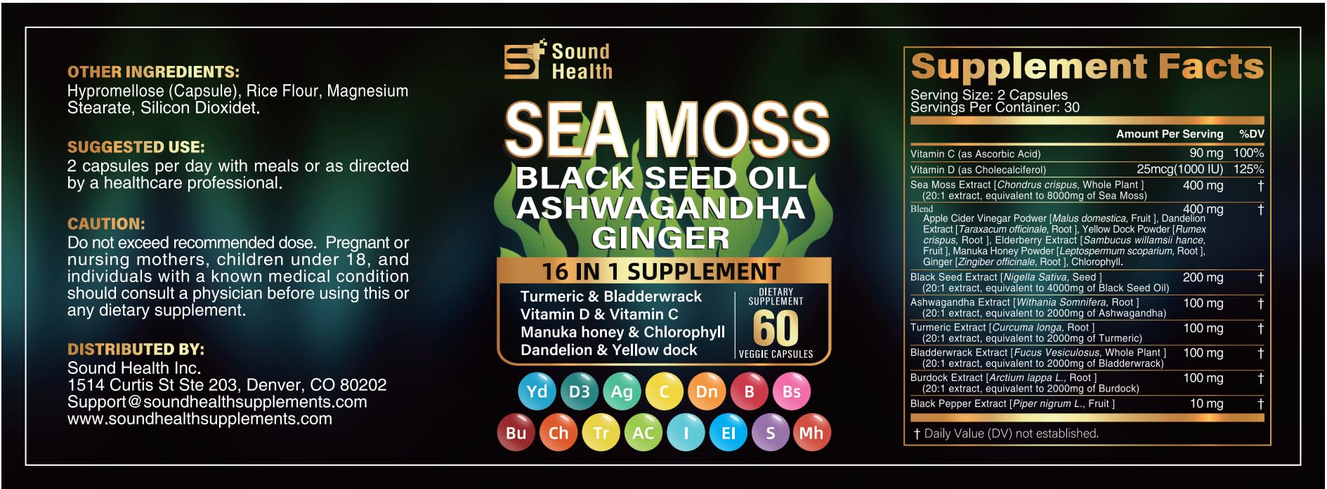 Sea Moss Capsules with Ashwagandha, Turmeric, Bladderwrack, Vitamins C & D for Natural Energy, Sleep Support & Hair Growth, 1200mg Herbal Blend, for Man & Women, Third-Party Tested，16-in-1 Supplement SoundHealthAu supplements