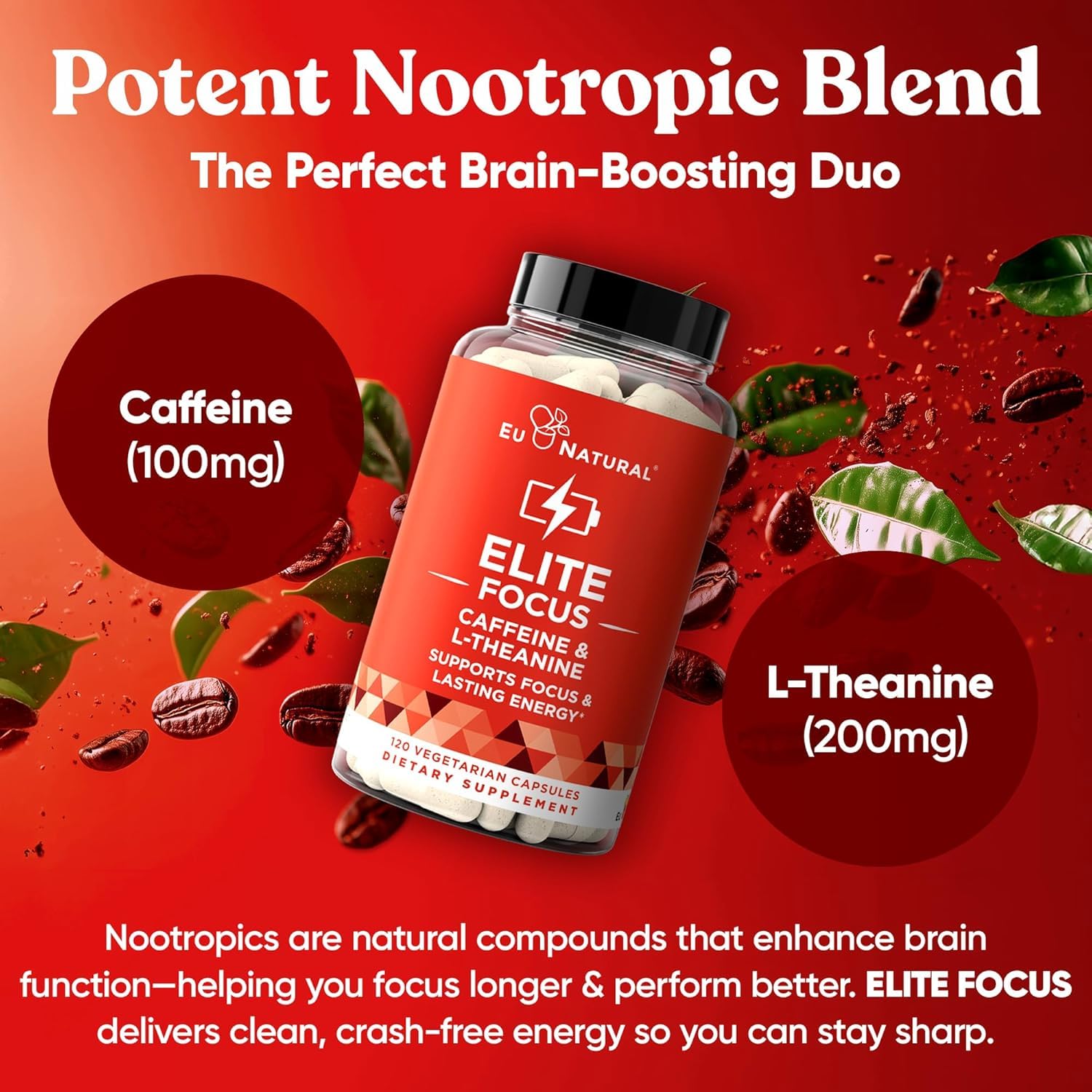 Eu Natural Elite Caffeine Pills with L-Theanine - 100mg Caffeine + 200mg L-Theanine - Jitter-Free Focused Energy & Clean Nootropic Stack - 240 Soft Capsules Eu NaturalAu supplements