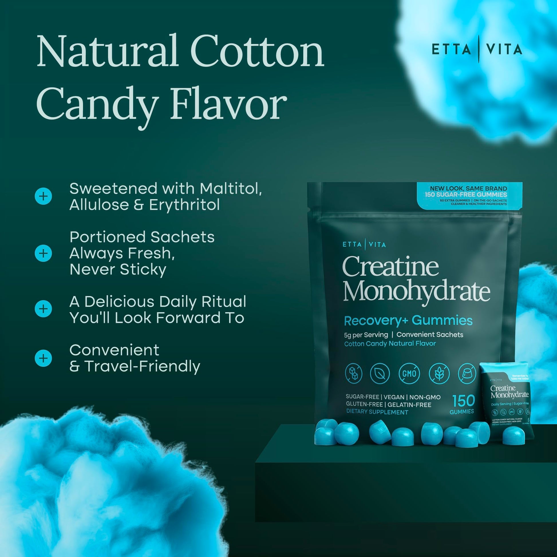 Sugar-Free Creatine Monohydrate Gummies (5g Per Packet) - Potent Creatine Gummies for Men & Women, Supplement for Muscle Support, Cognitive Function - Non-GMO, Gluten-Free, Mucuna Pruriens Etta VitaAu supplements