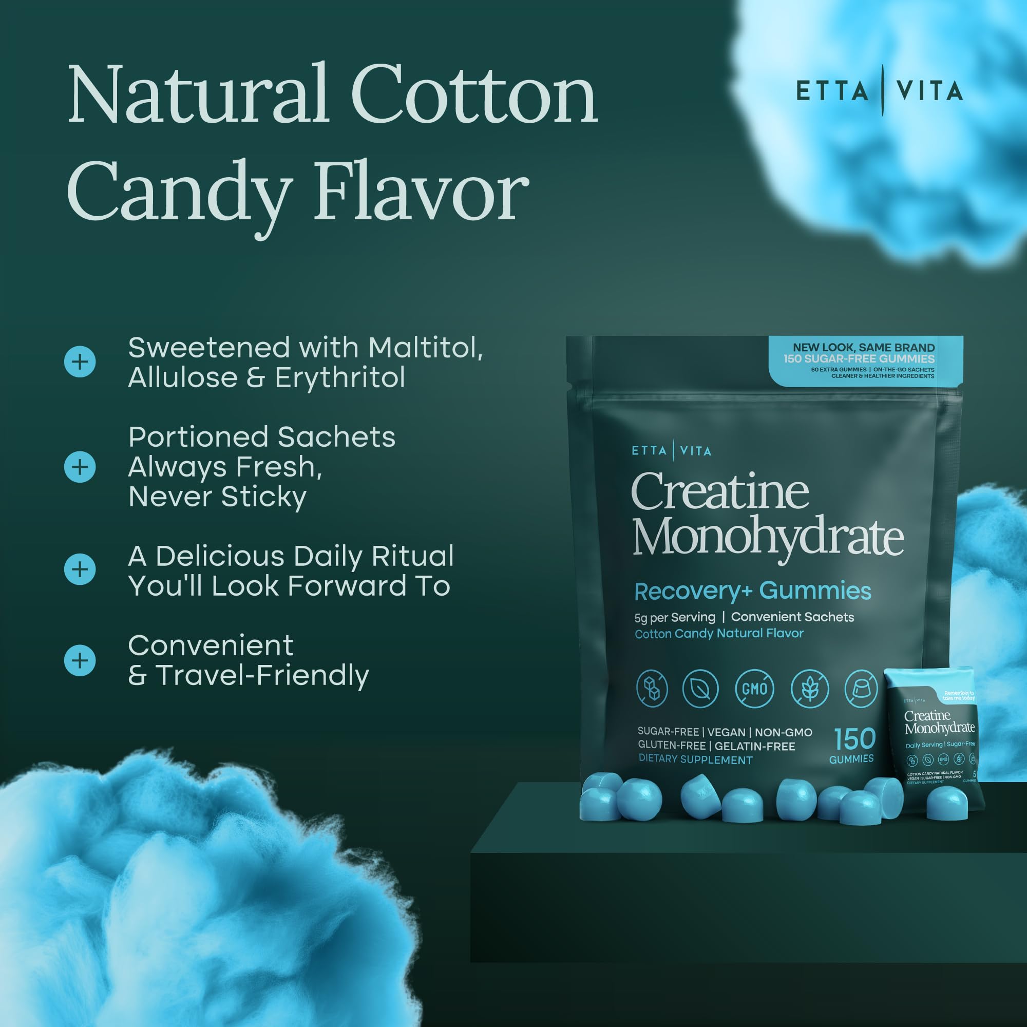 Sugar-Free Creatine Monohydrate Gummies (5g Per Packet) - Potent Creatine Gummies for Men & Women, Supplement for Muscle Support, Cognitive Function - Non-GMO, Gluten-Free, Mucuna Pruriens Etta VitaAu supplements