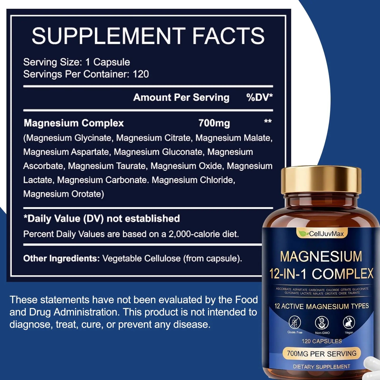 Magnesium 12-in-1 Complex 700mg, with Glycinate & Citrate, Vegan Supplement for Daily Wellness, 120 Capsules (1) WOJJnz supplements