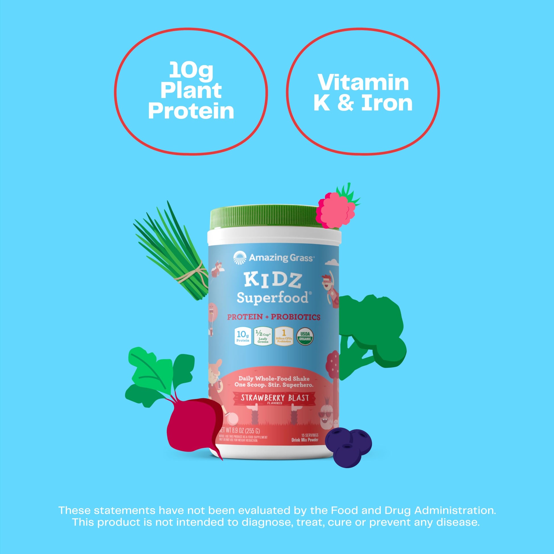 Amazing Grass Kidz Superfood: Vegan Protein & Probiotics for Kids with Beet Root Powder & 1/2 Cup of Leafy Greens, Strawberry Blast, 15 Servings Amazing GrassAu supplements